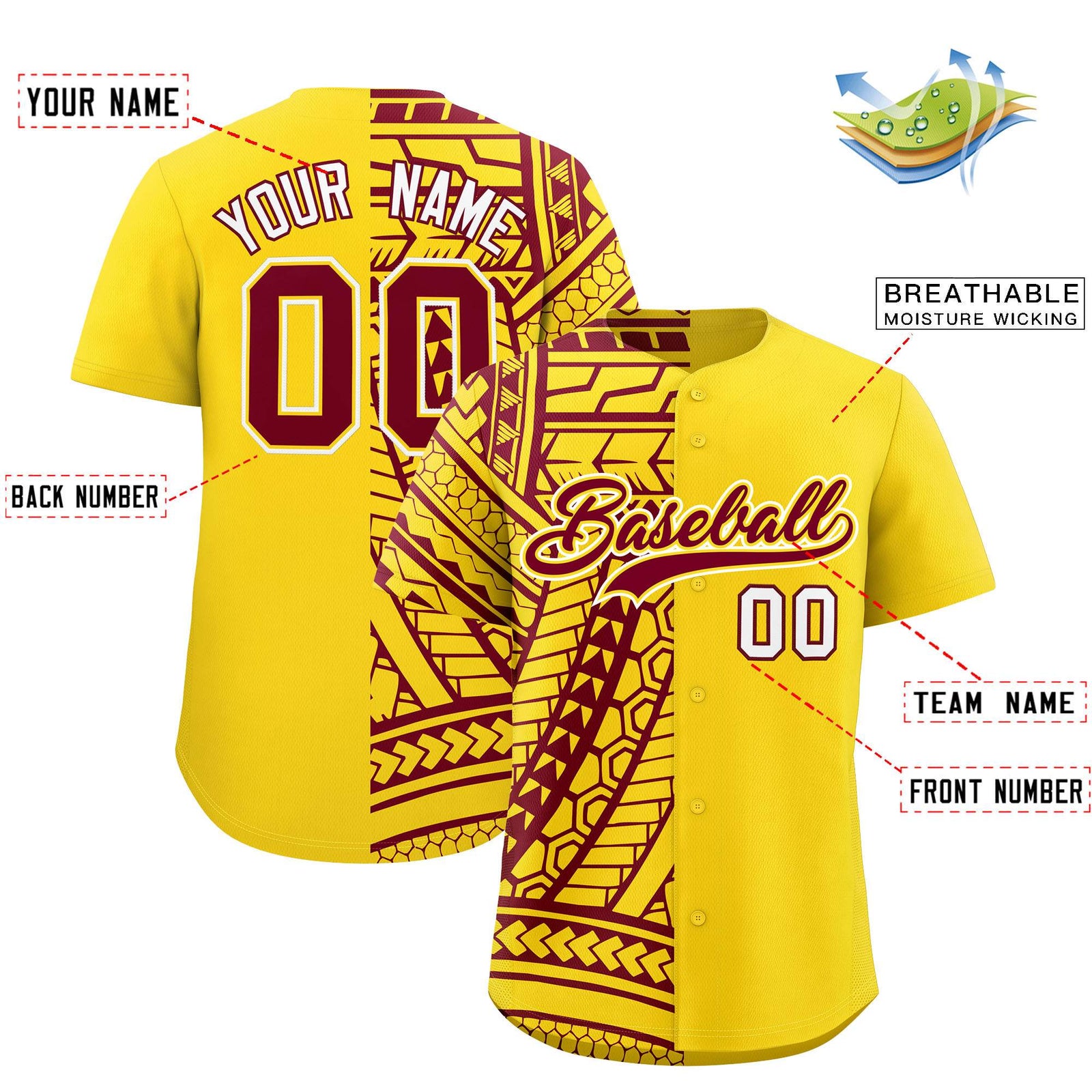Custom Gold Crimson Split Fashion Tribal Pattern Authentic Baseball Jersey
