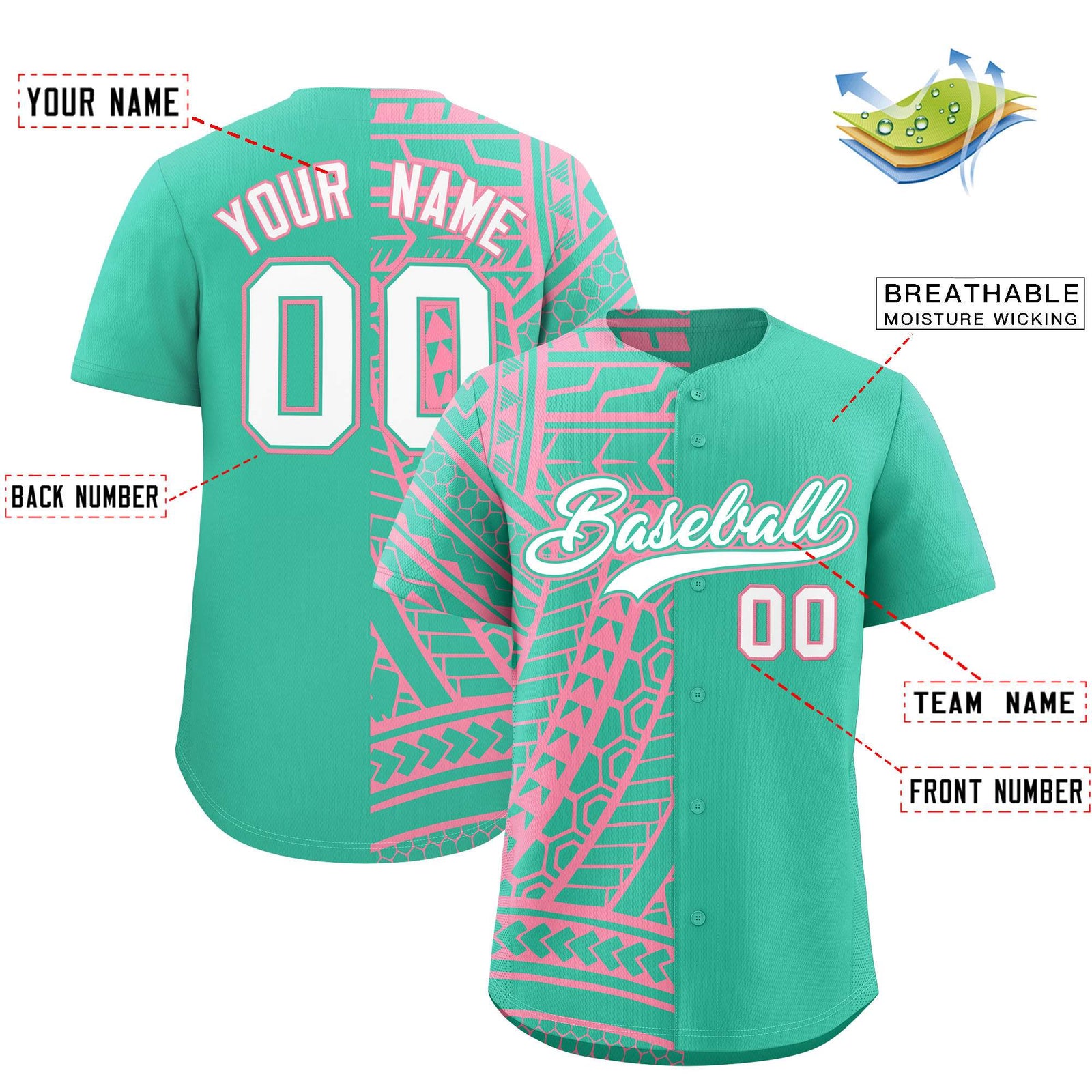 Custom Bright Green Light Pink Split Fashion Tribal Pattern Authentic Baseball Jersey
