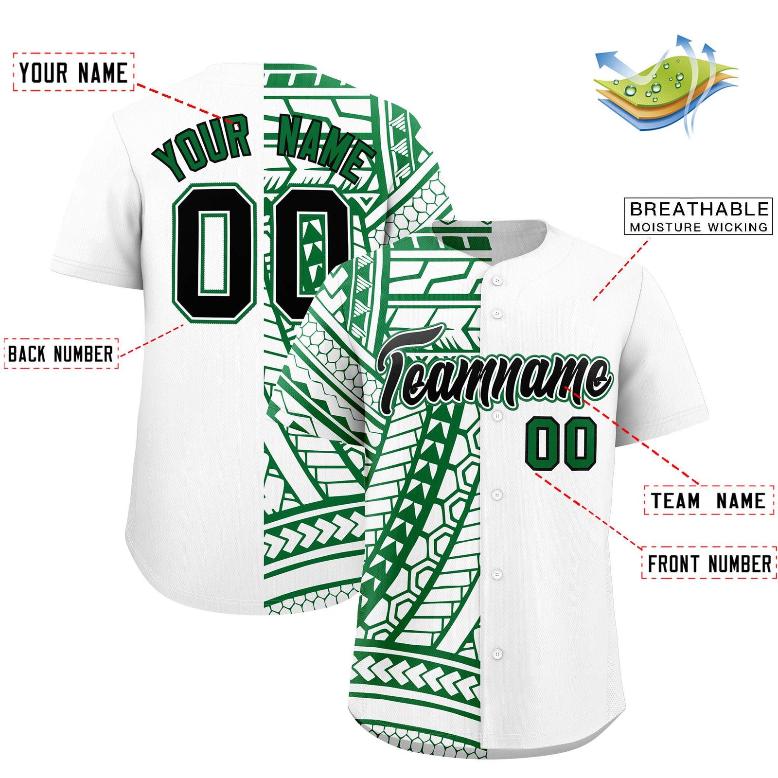 Custom White Kelly Green Split Fashion Tribal Pattern Authentic Baseball Jersey
