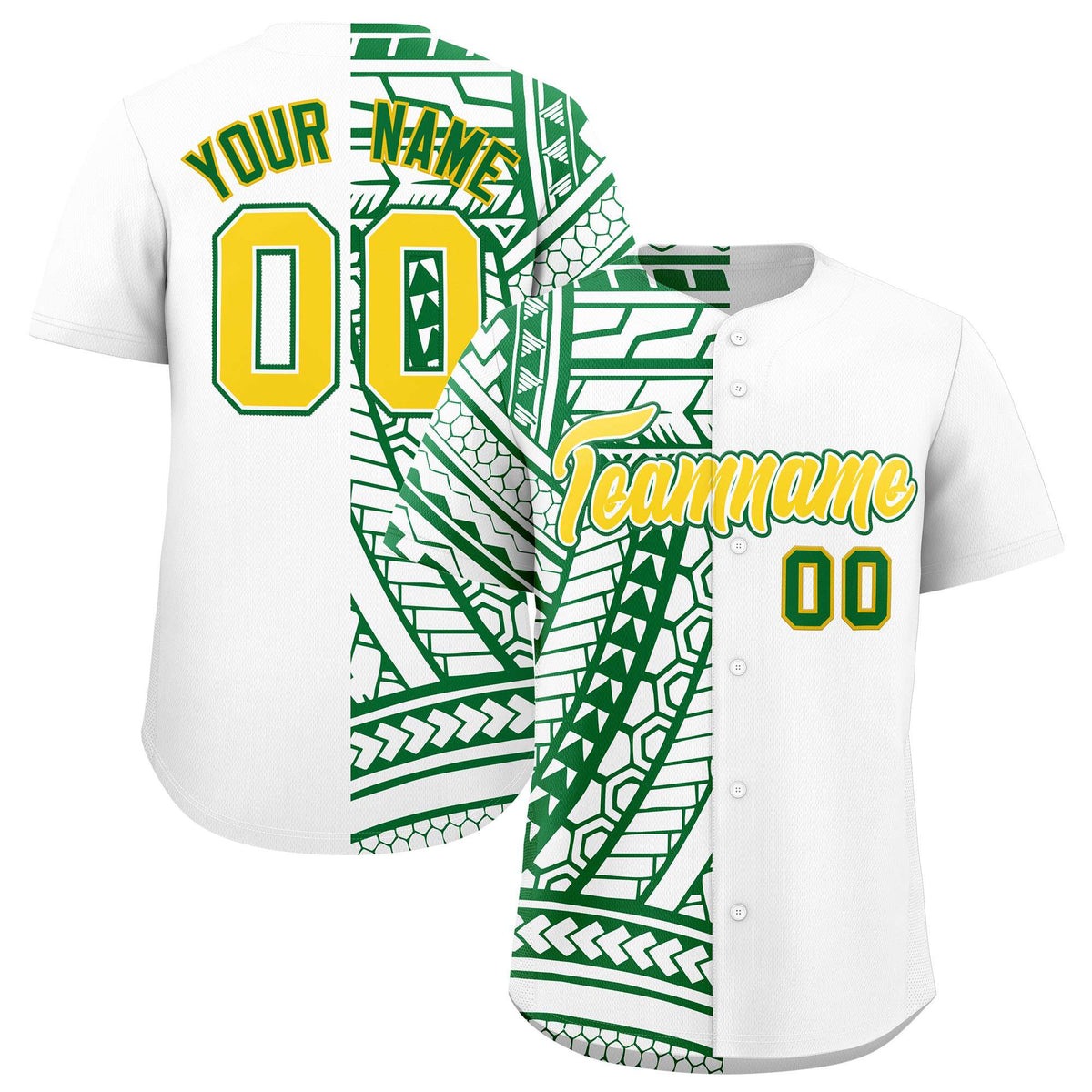 Custom White Kelly Green Split Fashion Tribal Pattern Authentic Baseball Jersey