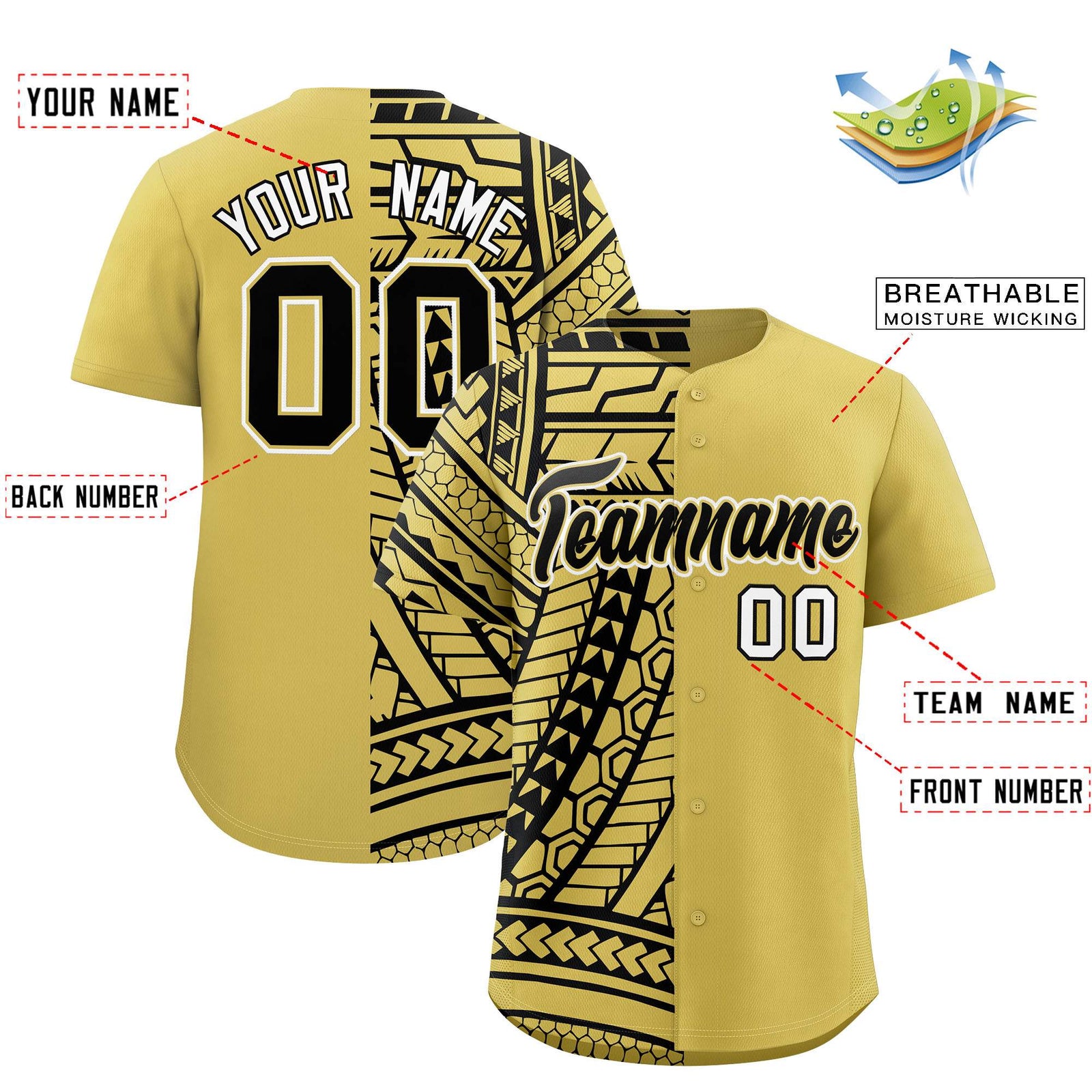 Custom Old Gold Black Split Fashion Tribal Pattern Authentic Baseball Jersey