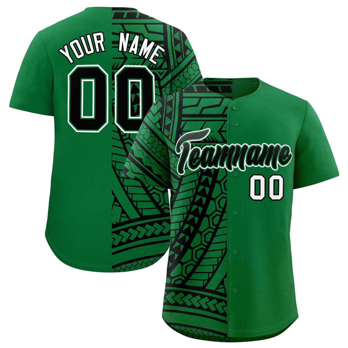 Custom Kelly Green Black Split Fashion Tribal Pattern Authentic Baseball Jersey