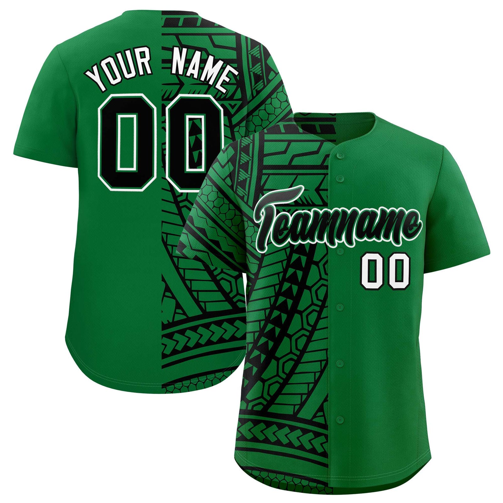 Custom Kelly Green Black Split Fashion Tribal Pattern Authentic Baseball Jersey