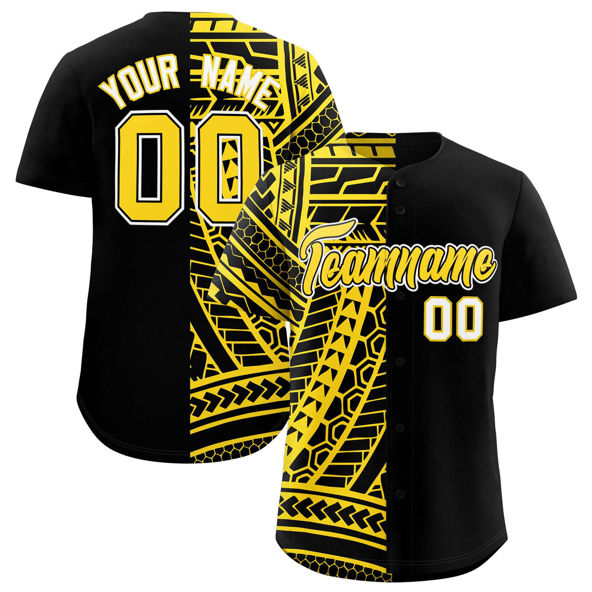 Custom Black Gold Split Fashion Tribal Pattern Authentic Baseball Jersey