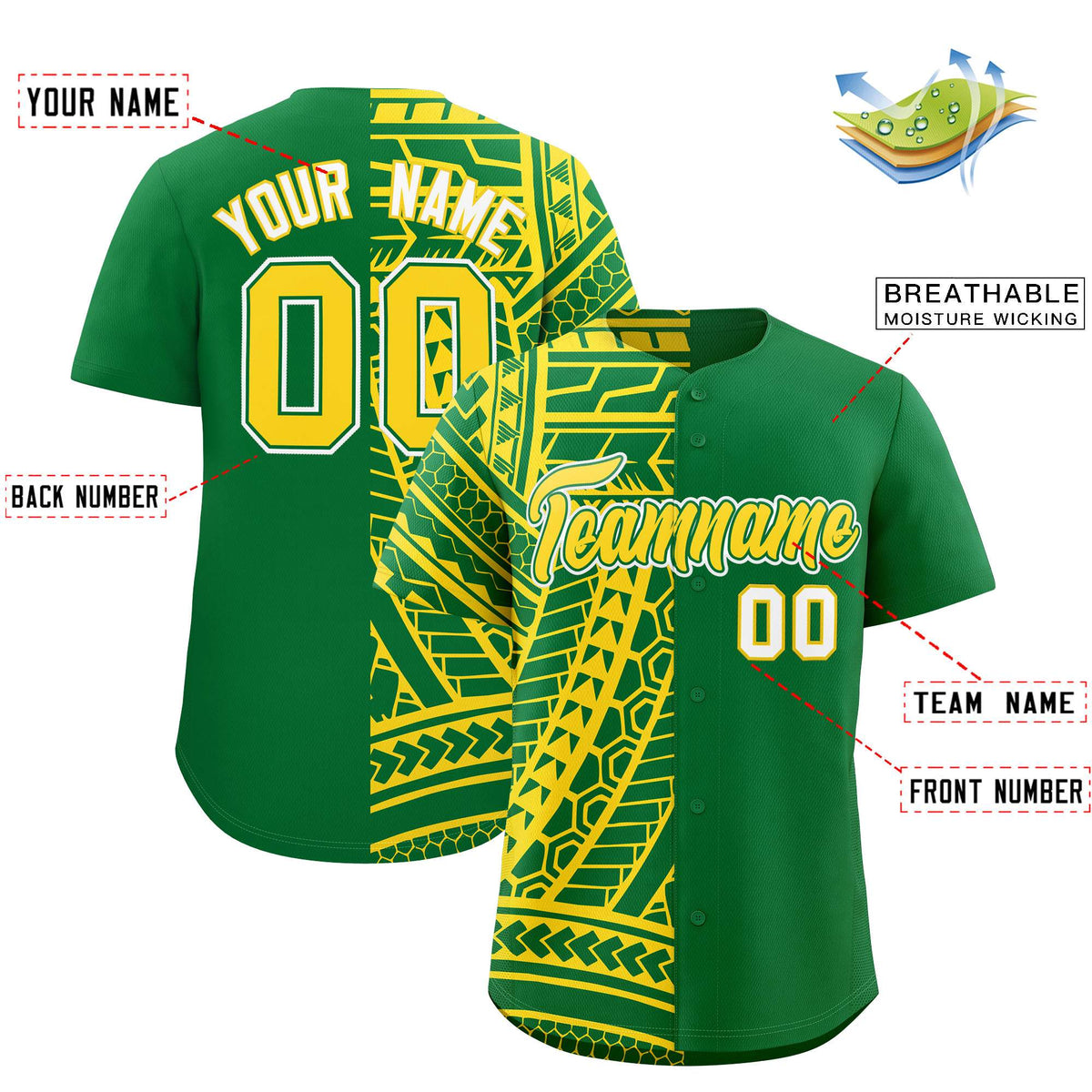 Custom Kelly Green Gold Split Fashion Tribal Pattern Authentic Baseball Jersey