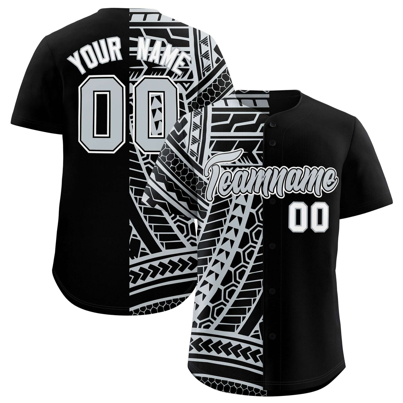 Custom Black Silver Split Fashion Tribal Pattern Authentic Baseball Jersey