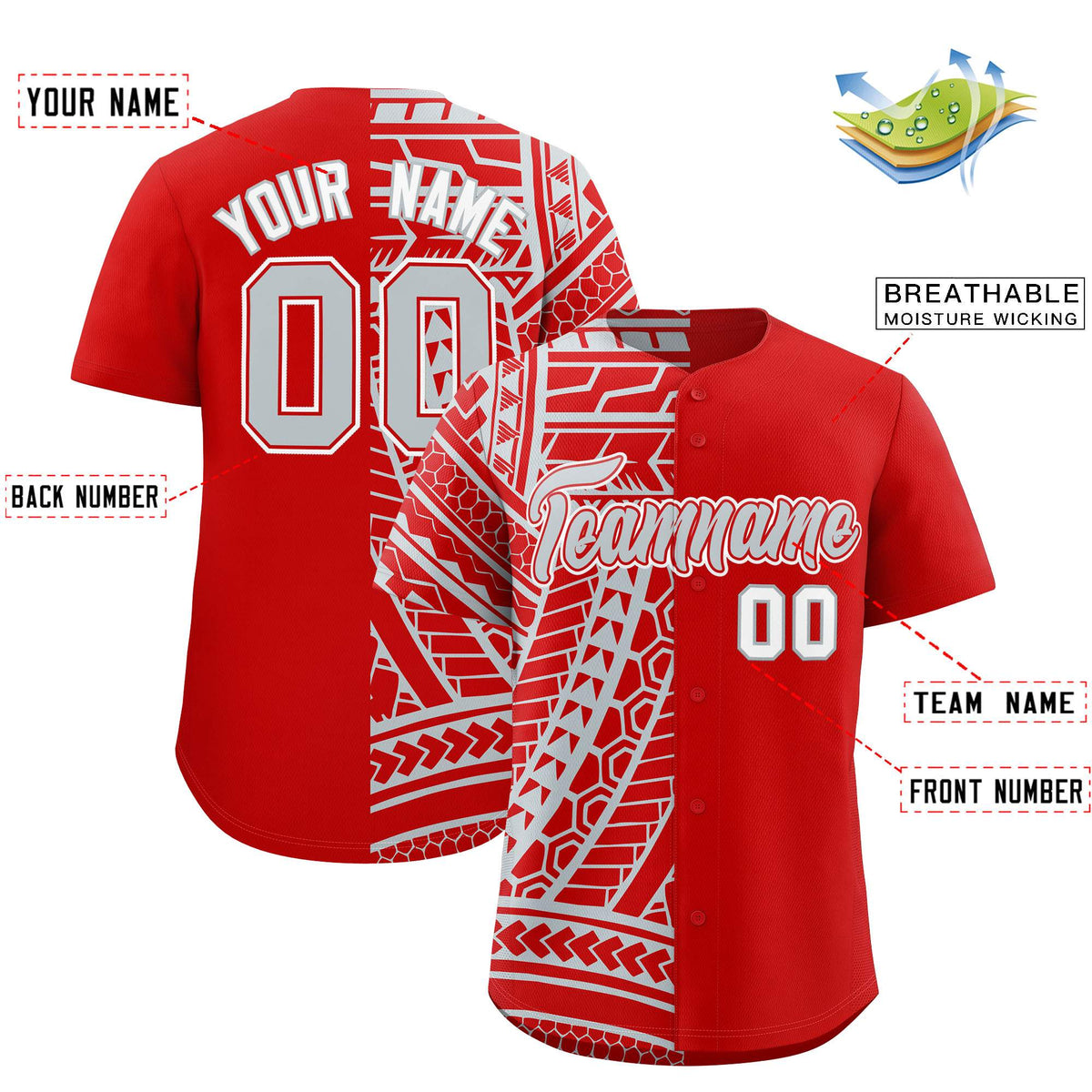 Custom Red Silver Split Fashion Tribal Pattern Authentic Baseball Jersey