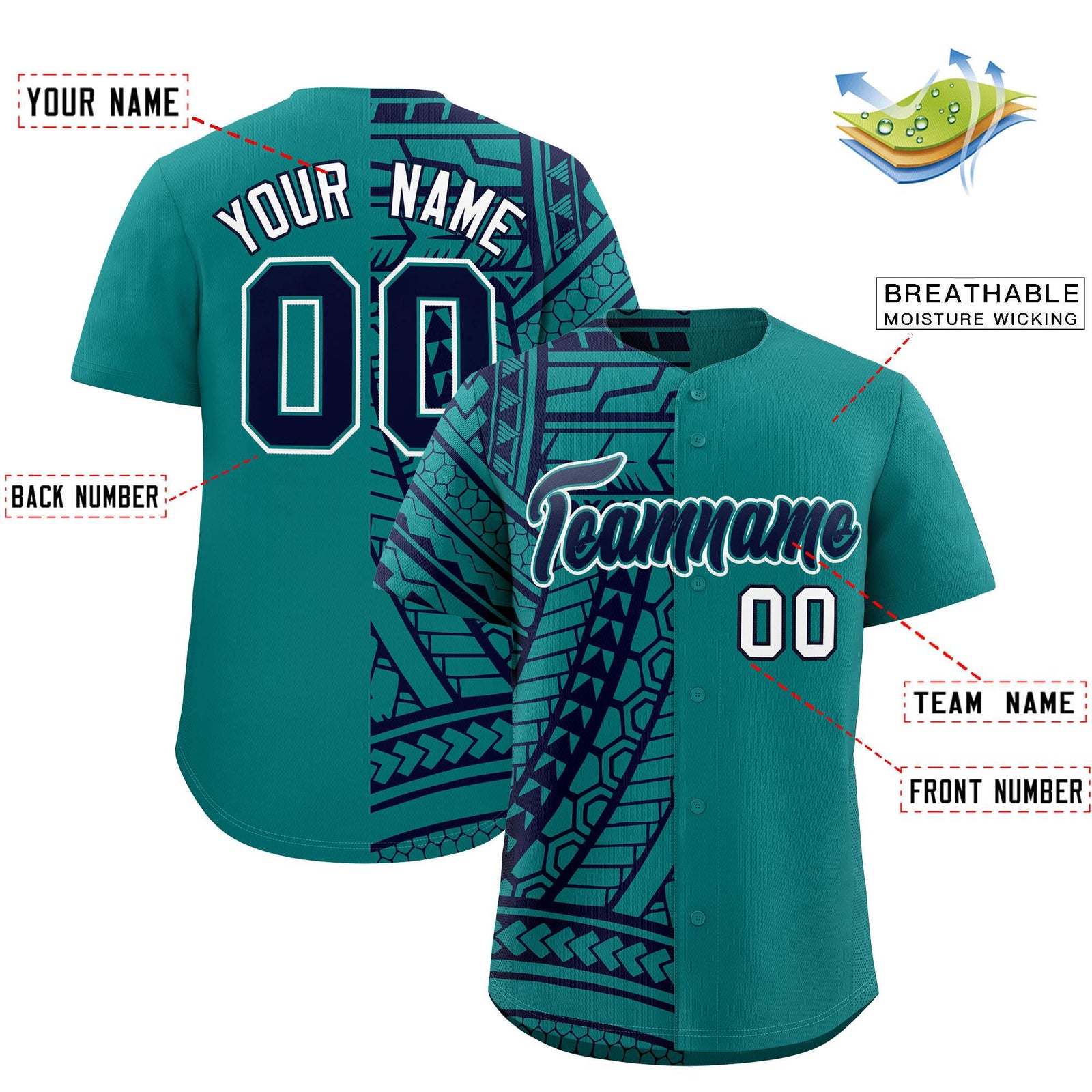 Custom Aqua Navy Split Fashion Tribal Pattern Authentic Baseball Jersey