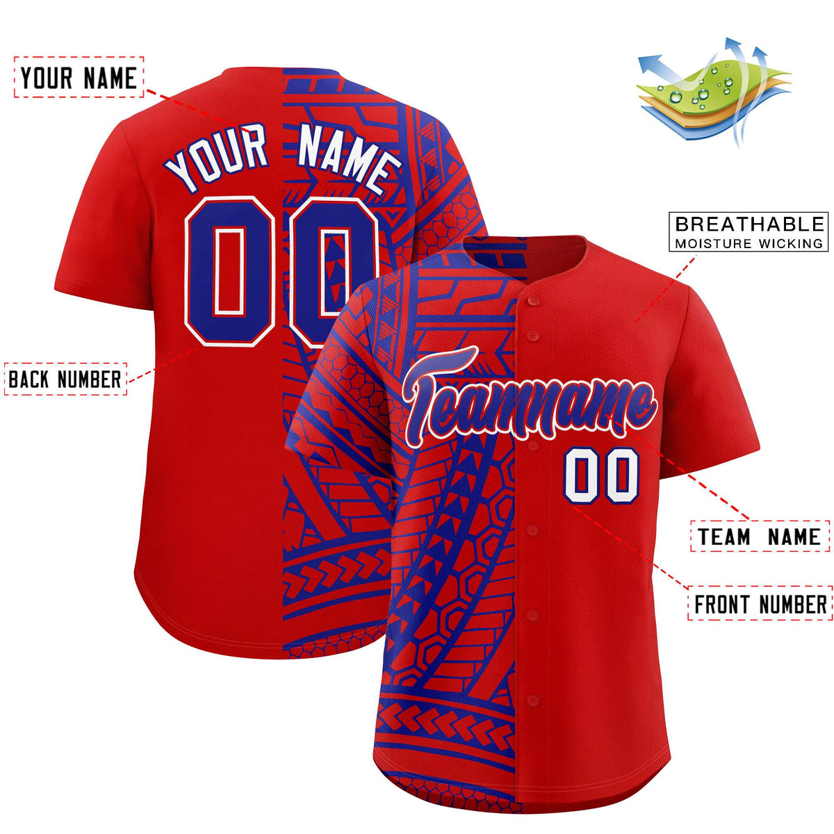 Custom Red Royal Split Fashion Tribal Pattern Authentic Baseball Jersey