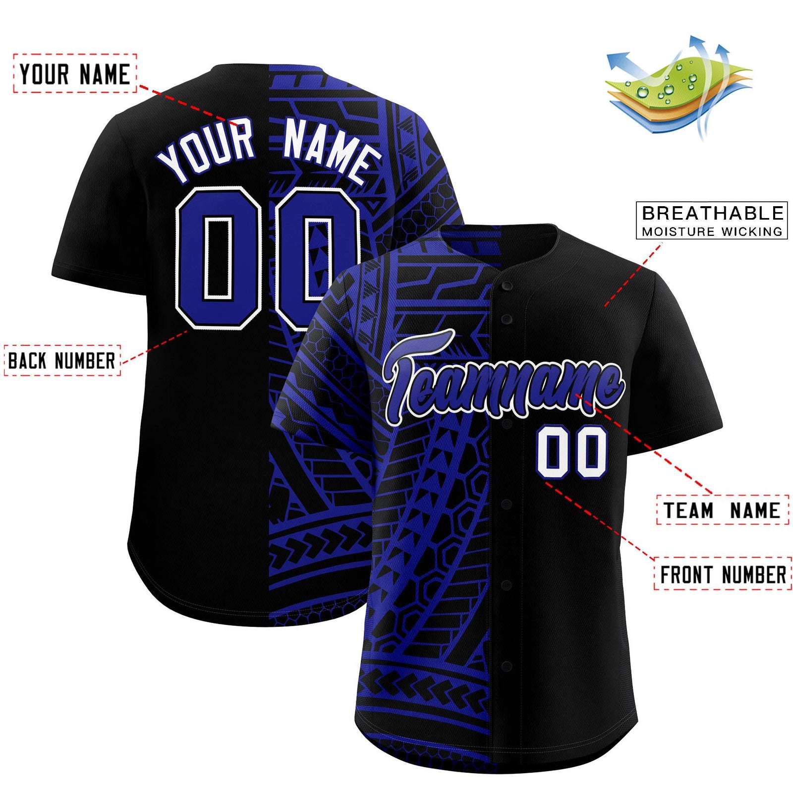 Custom Black Royal Split Fashion Tribal Pattern Authentic Baseball Jersey