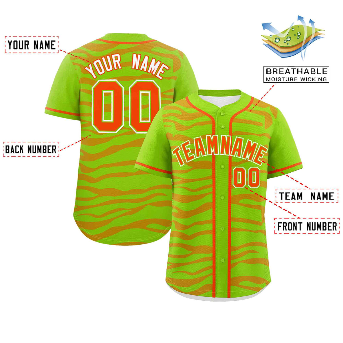 Custom Neon Green Orange Zebra Stripes Graffiti Pattern Authentic Baseball Jersey