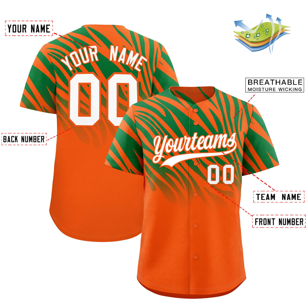 Custom Orange Kelly Green Tiger Stripe Gradient Animal Print Personalized Team Shirt Baseball Jersey