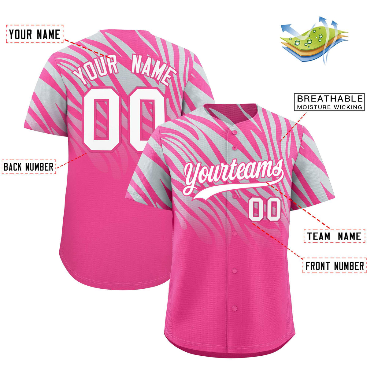 Custom Pink Silver Tiger Stripe Gradient Animal Print Personalized Team Shirt Baseball Jersey