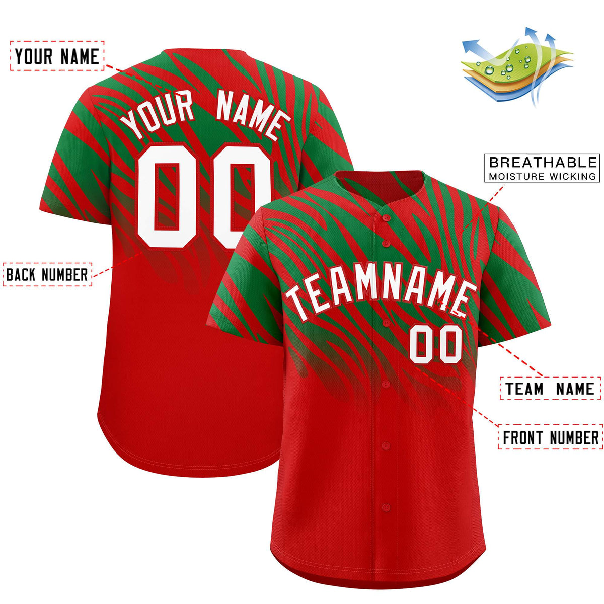 Custom Kelly Green Red Tiger Stripe Gradient Animal Print Personalized Team Shirt Baseball Jersey
