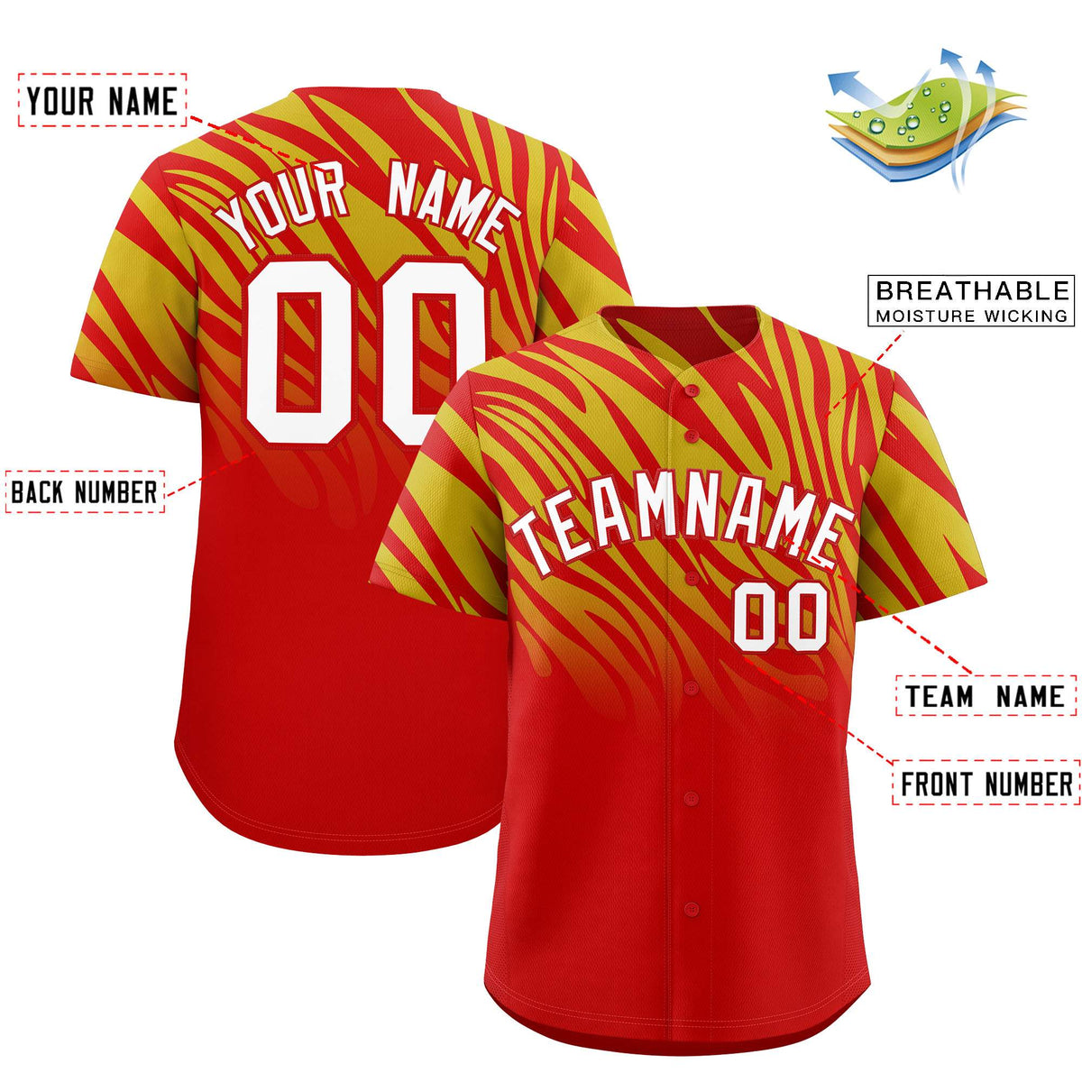 Custom Old Gold Red Tiger Stripe Gradient Animal Print Personalized Team Shirt Baseball Jersey