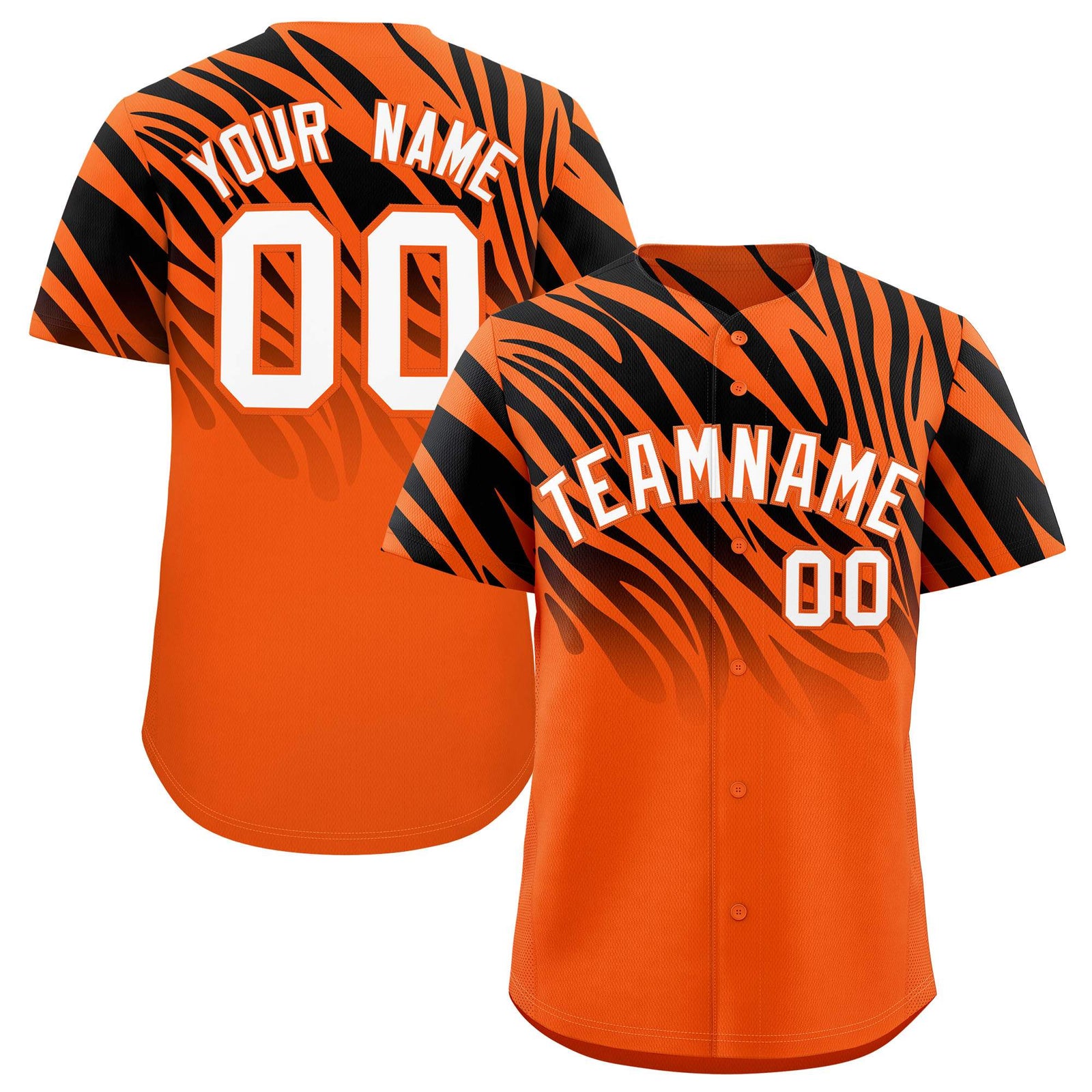 Custom Black Orange Tiger Stripe Gradient Animal Print Personalized Team Shirt Baseball Jersey