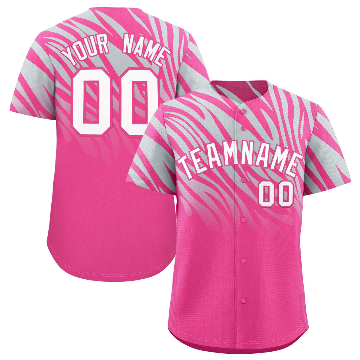 Custom Pink Silver Tiger Stripe Gradient Animal Print Personalized Team Shirt Baseball Jersey