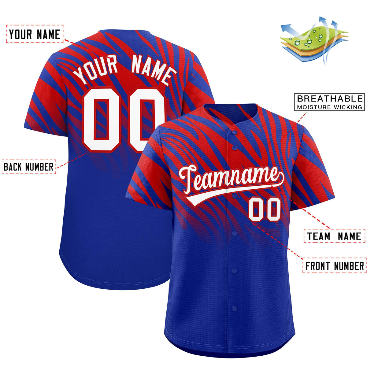 Custom Red Royal Tiger Stripe Gradient Animal Print Personalized Team Shirt Baseball Jersey