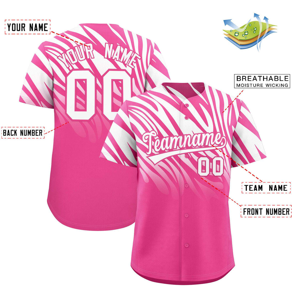 Custom Pink White Tiger Stripe Gradient Animal Print Personalized Team Shirt Baseball Jersey