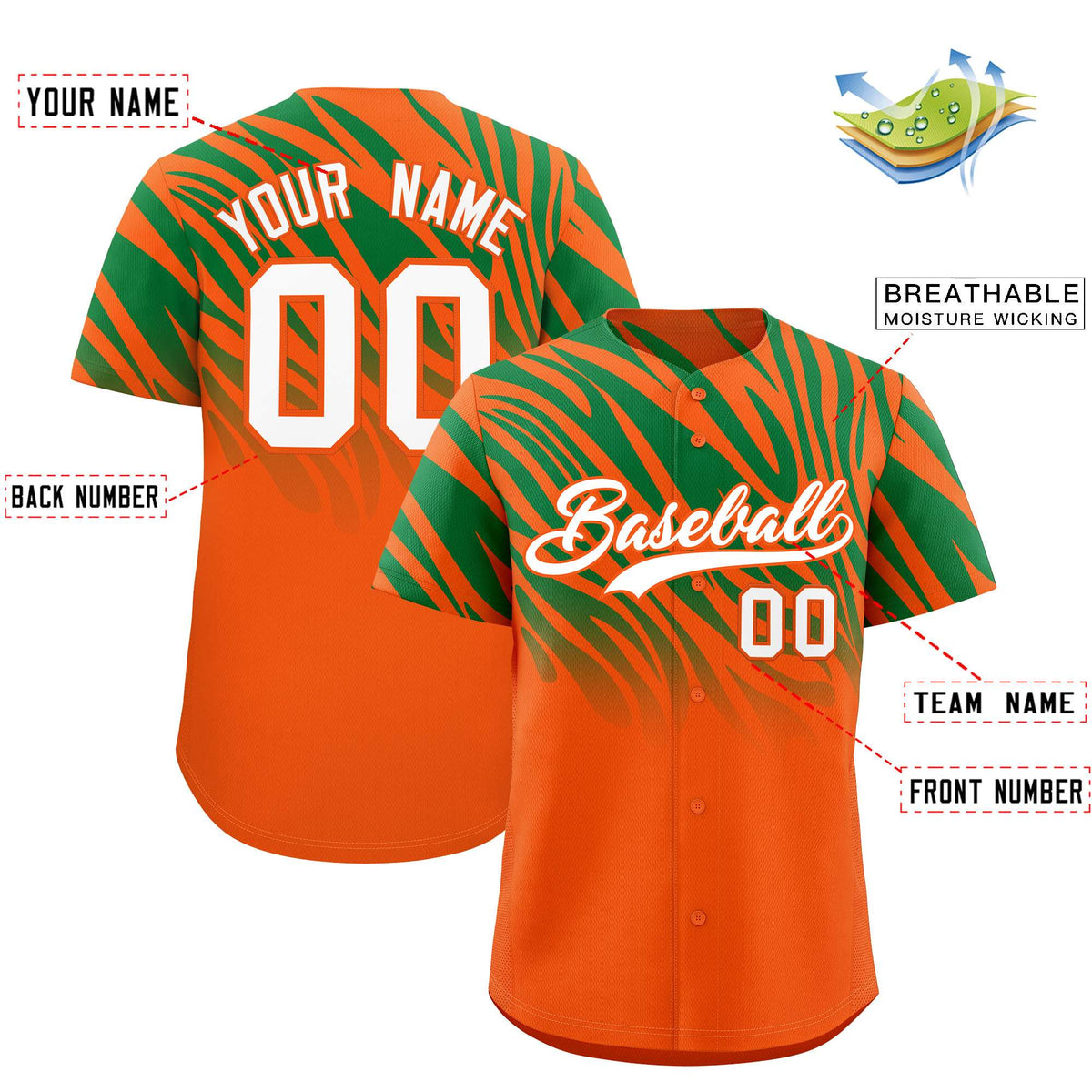 Custom Orange Kelly Green Tiger Stripe Gradient Animal Print Personalized Team Shirt Baseball Jersey