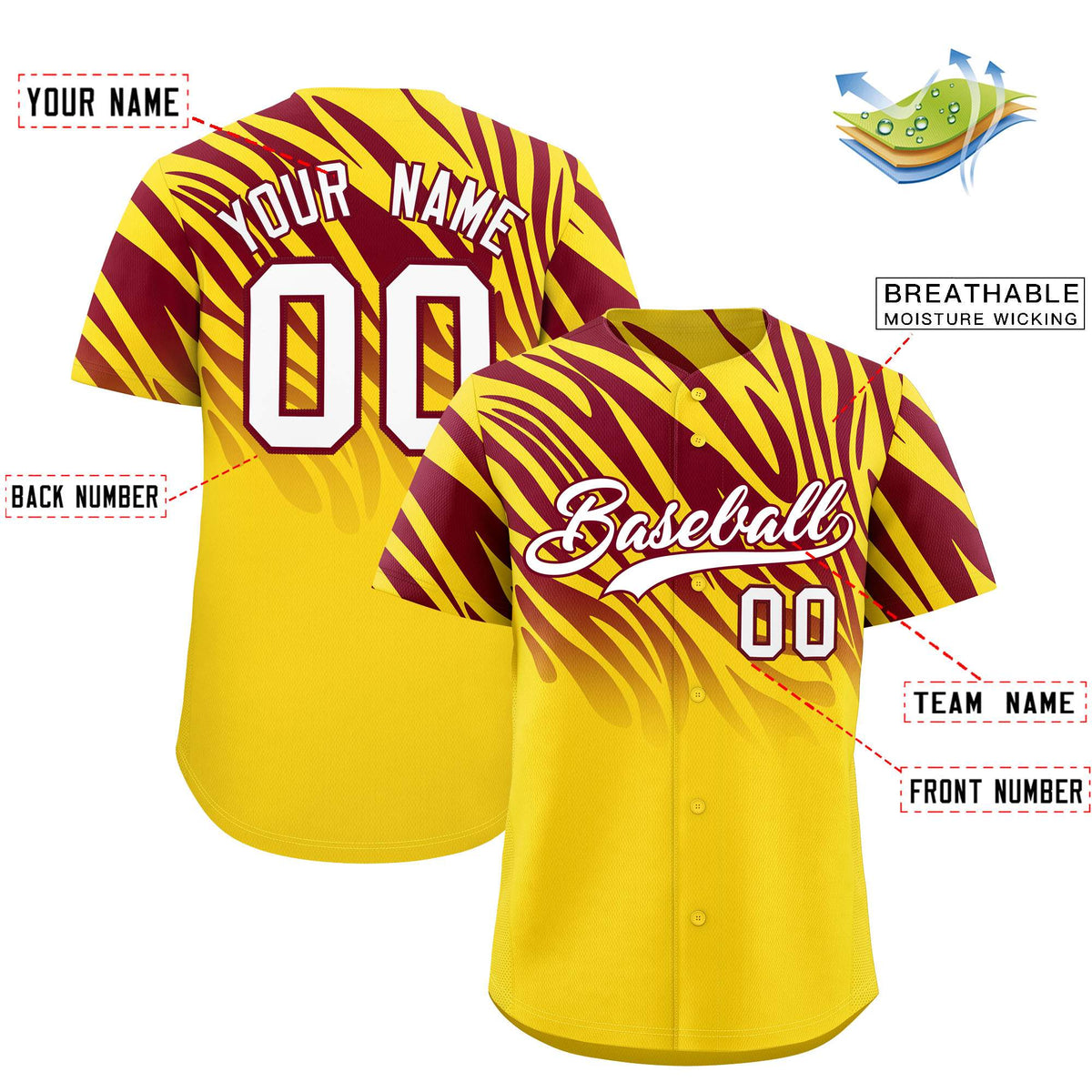 Custom Gold Crimson Tiger Stripe Gradient Animal Print Personalized Team Shirt Baseball Jersey