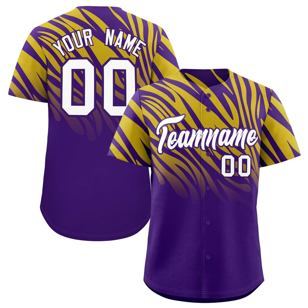 Custom Purple Old Gold Tiger Stripe Gradient Animal Print Personalized Team Shirt Baseball Jersey