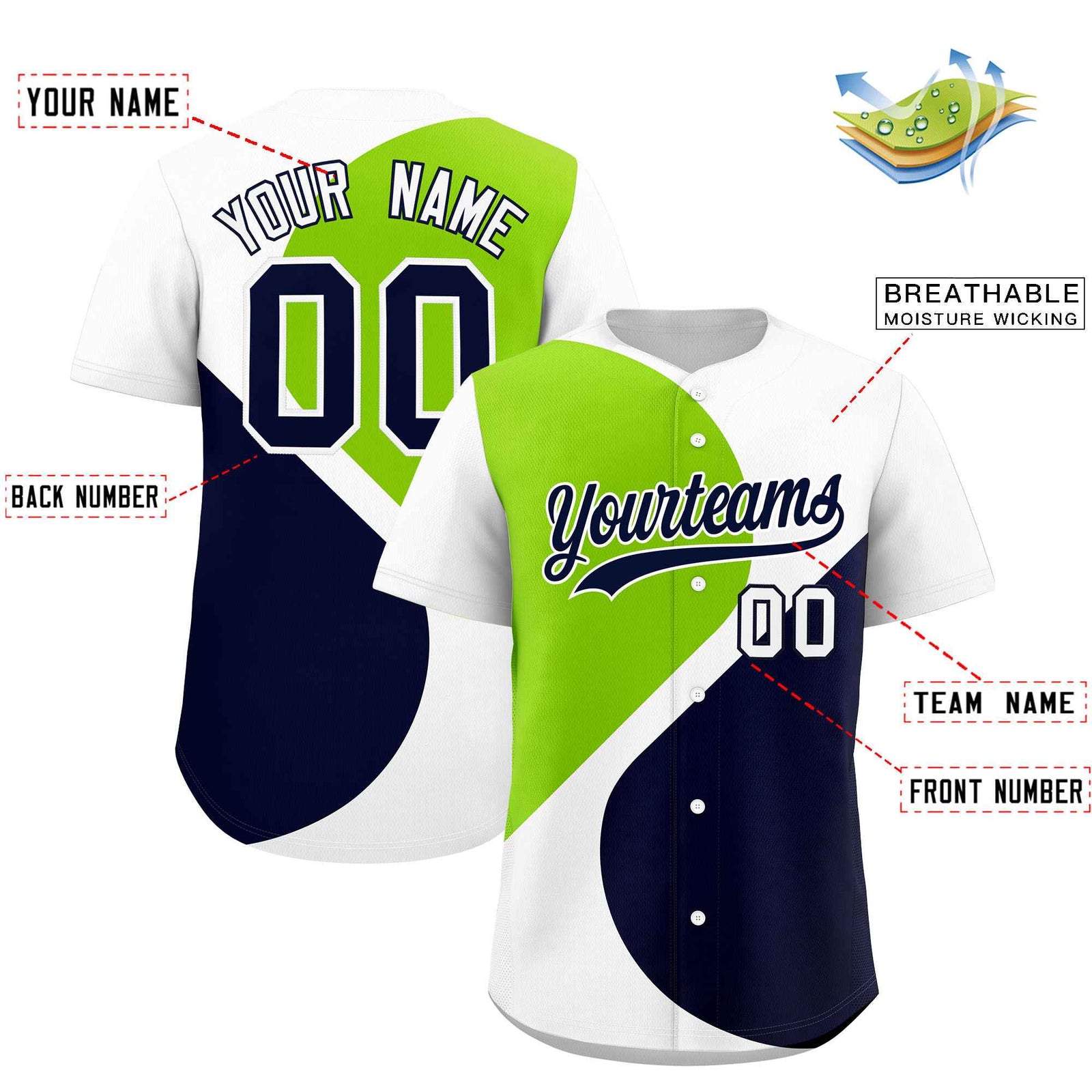 Custom White Neon Green-Navy Color Block Personalized Half Heart Pattern Authentic Baseball Jersey