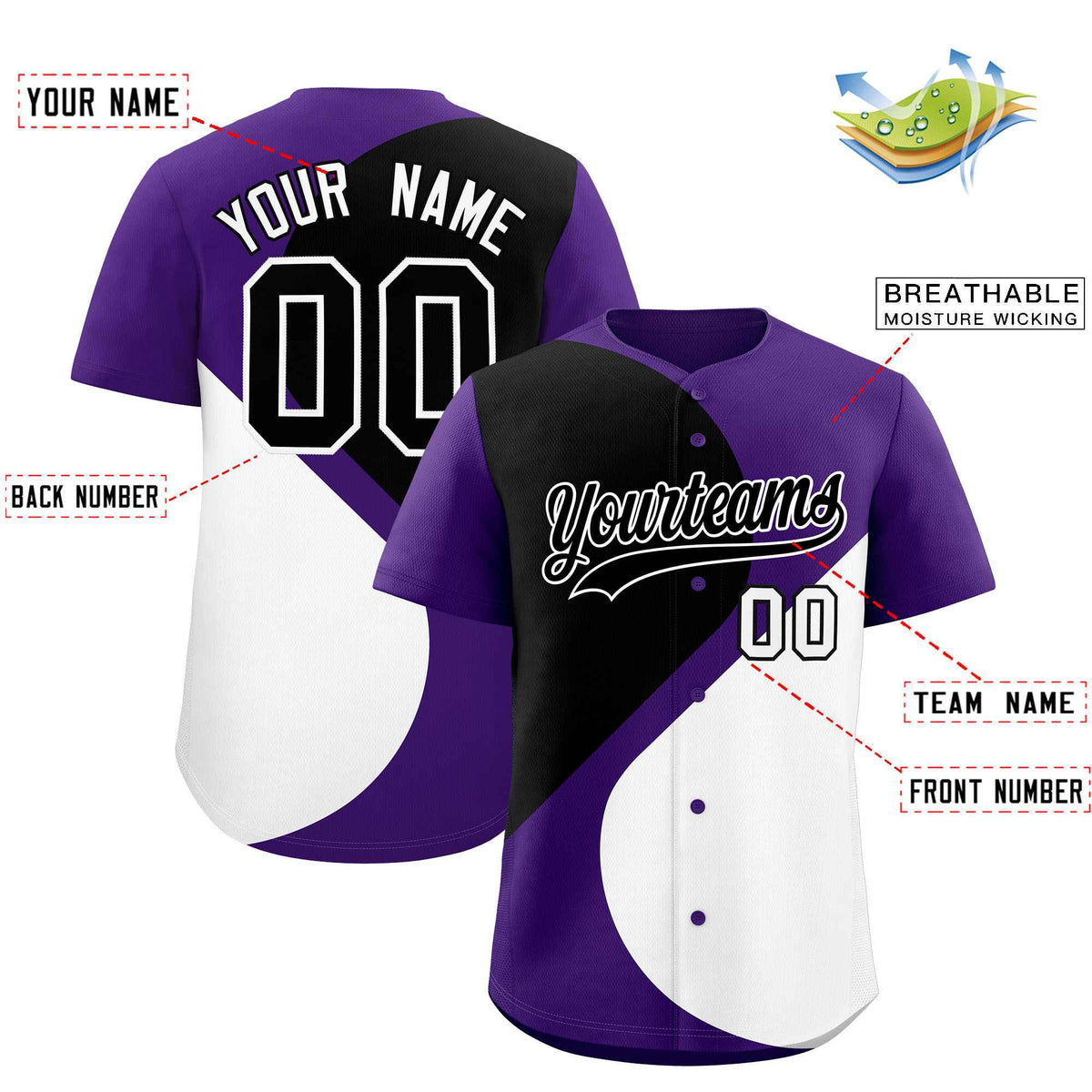 Custom Purple Black-White Color Block Personalized Half Heart Pattern Authentic Baseball Jersey