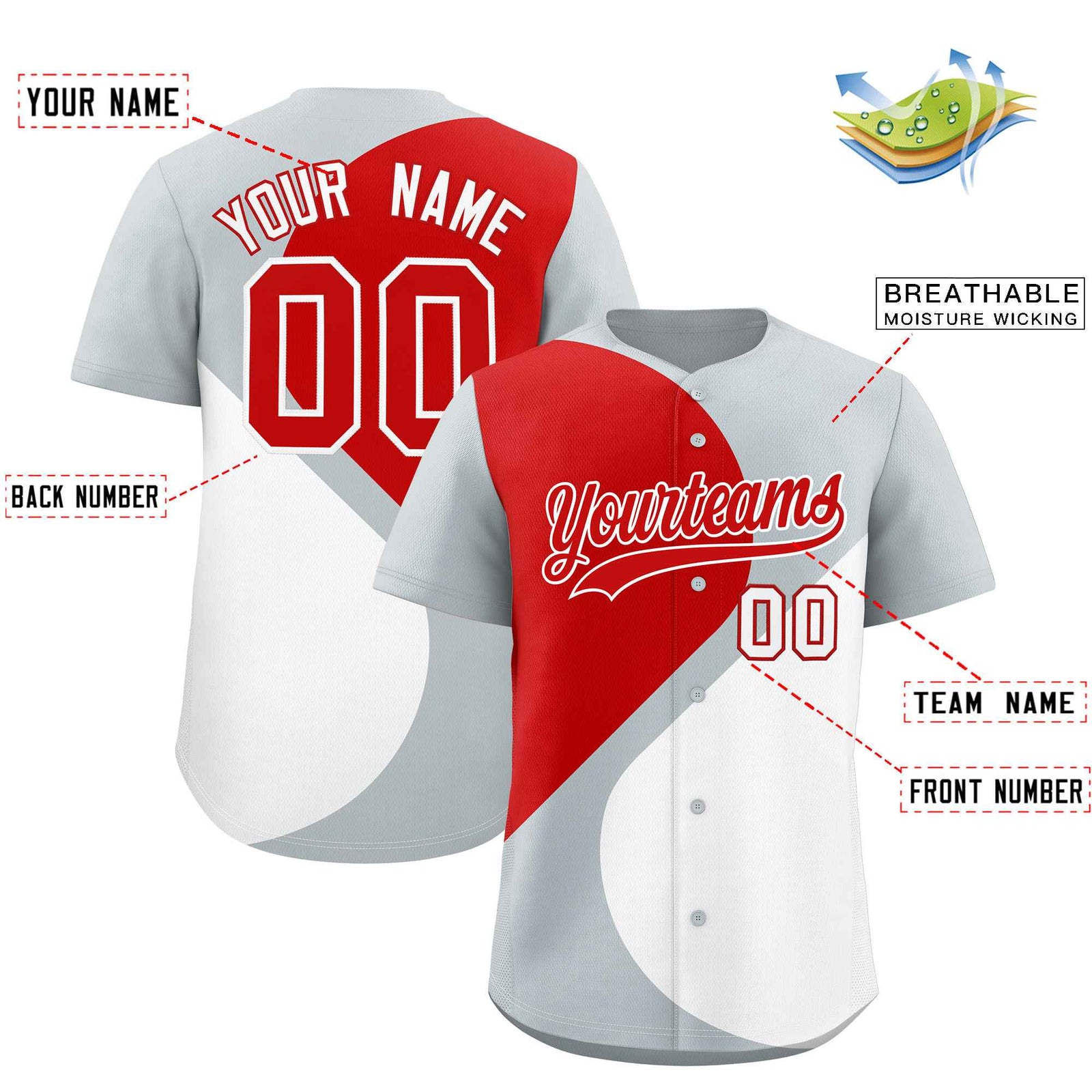 Custom Silver Red-White Color Block Personalized Half Heart Pattern Authentic Baseball Jersey