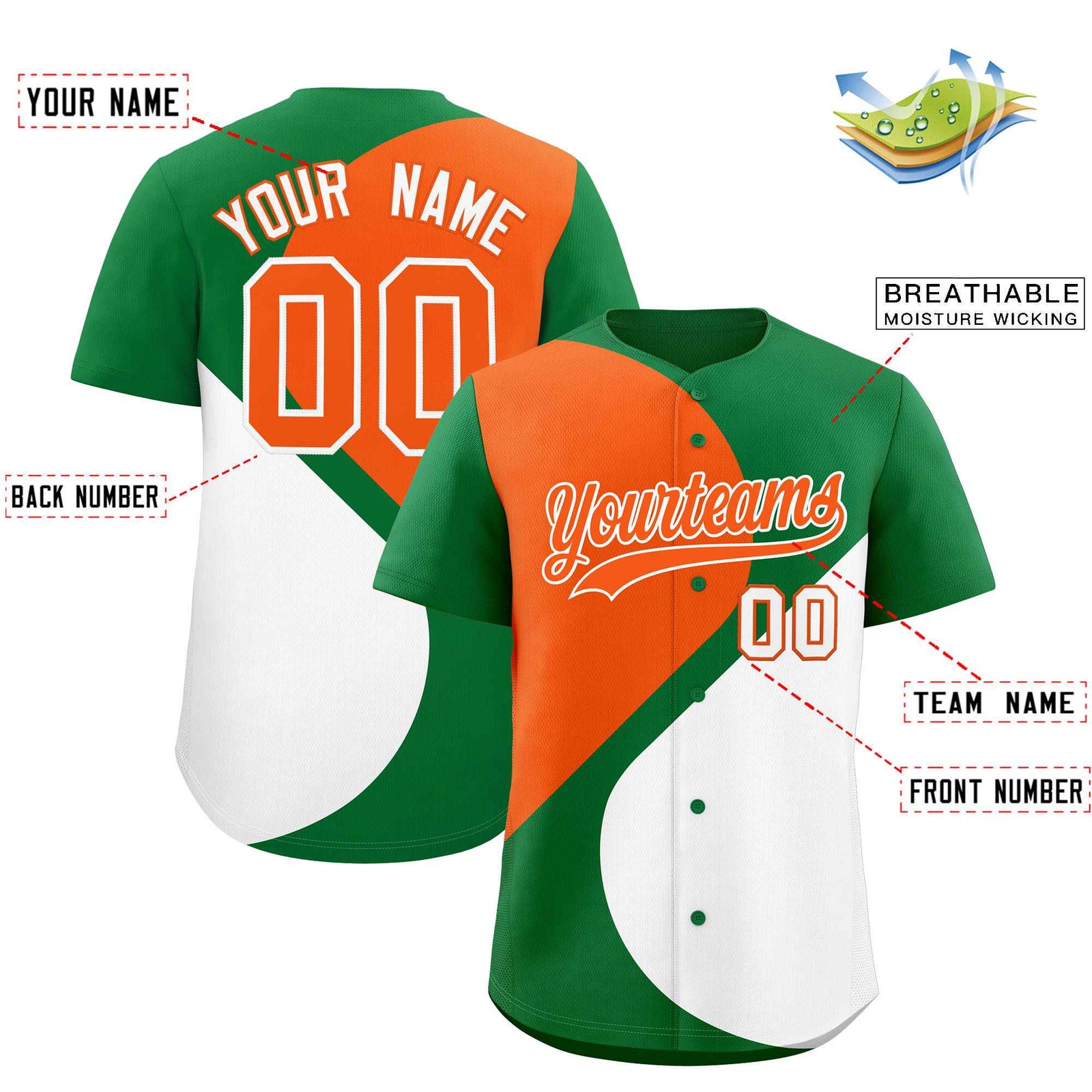 Custom Kelly Green Orange-White Color Block Personalized Half Heart Pattern Authentic Baseball Jersey