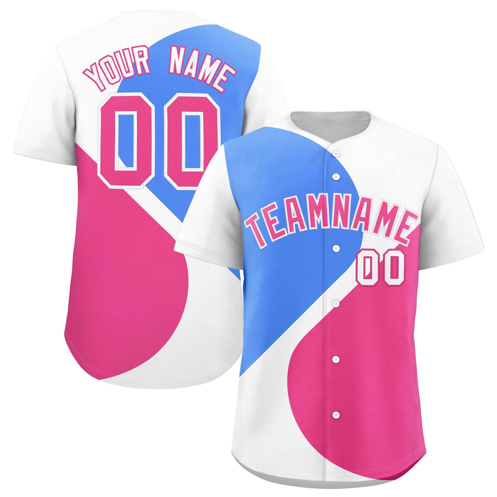 Custom White Powder Blue-Pink Color Block Personalized Half Heart Pattern Authentic Baseball Jersey