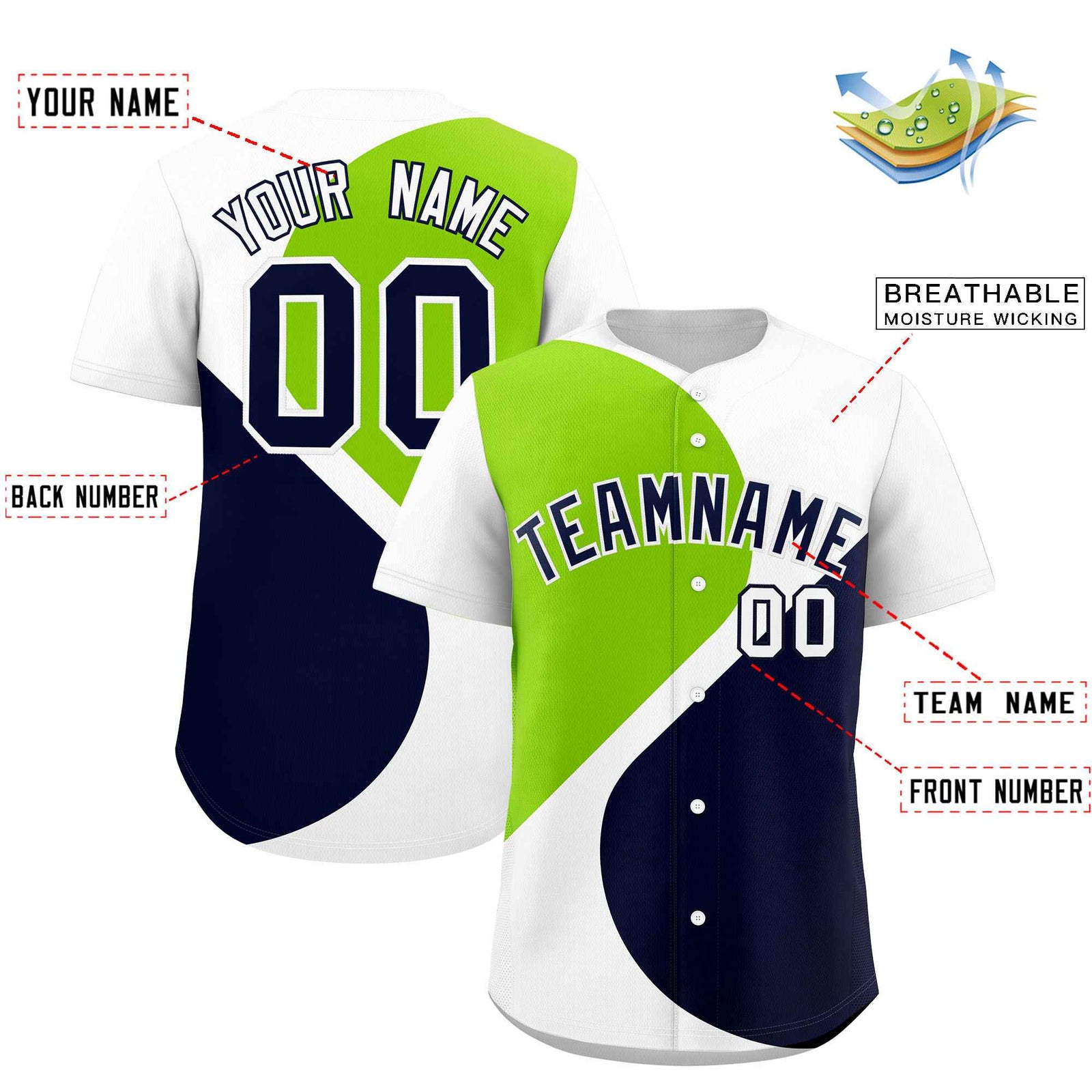Custom White Neon Green-Navy Color Block Personalized Half Heart Pattern Authentic Baseball Jersey