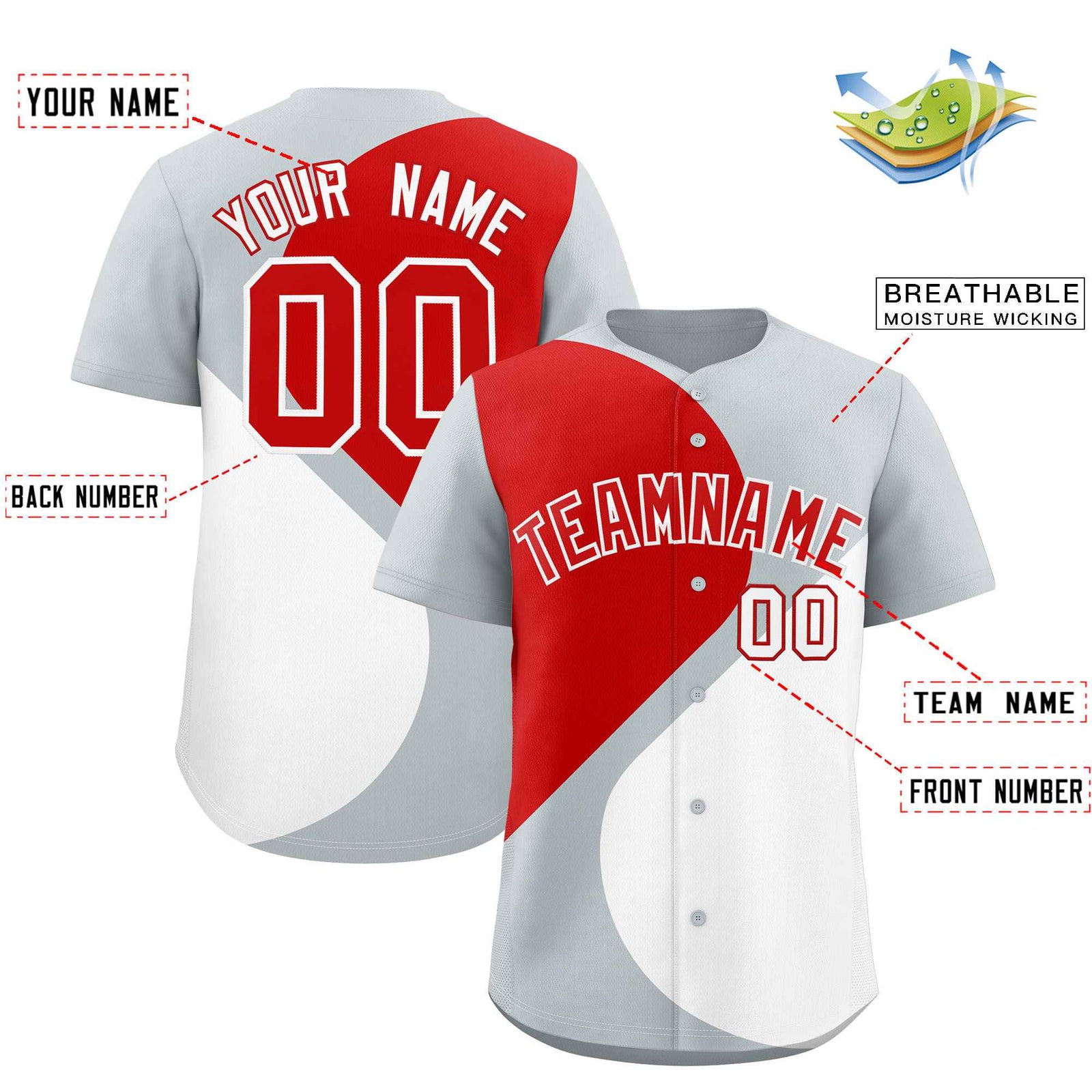 Custom Silver Red-White Color Block Personalized Half Heart Pattern Authentic Baseball Jersey