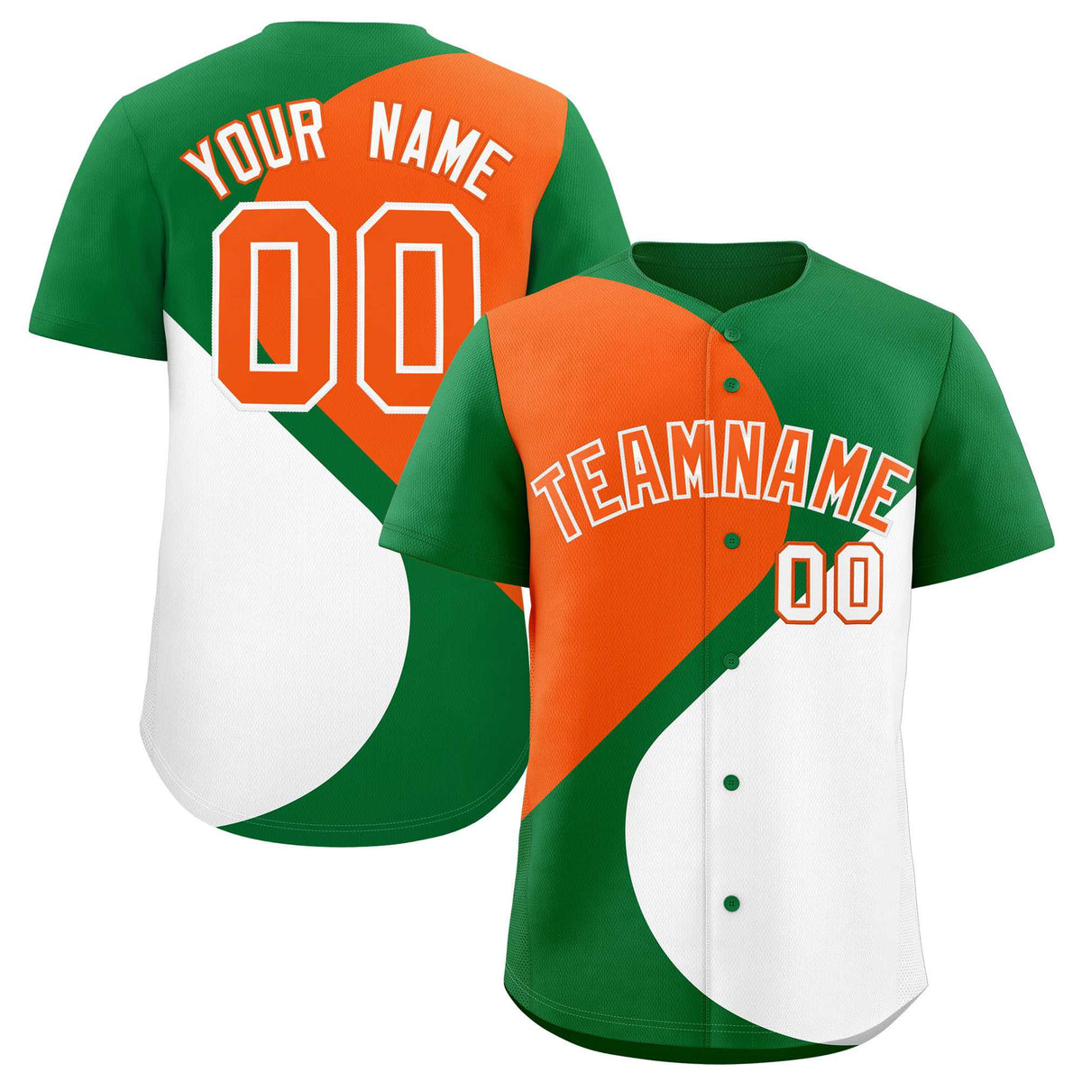 Custom Kelly Green Orange-White Color Block Personalized Half Heart Pattern Authentic Baseball Jersey
