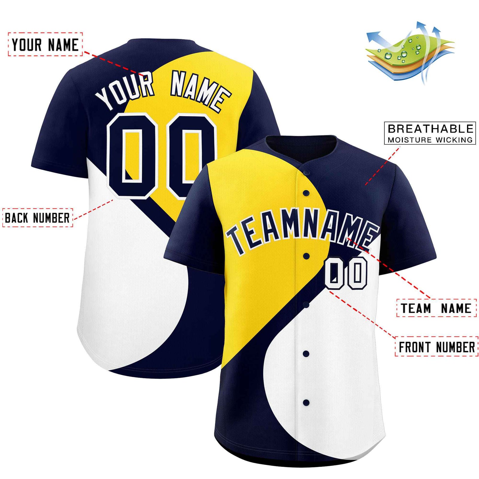 Custom Navy Gold-White Color Block Personalized Half Heart Pattern Authentic Baseball Jersey