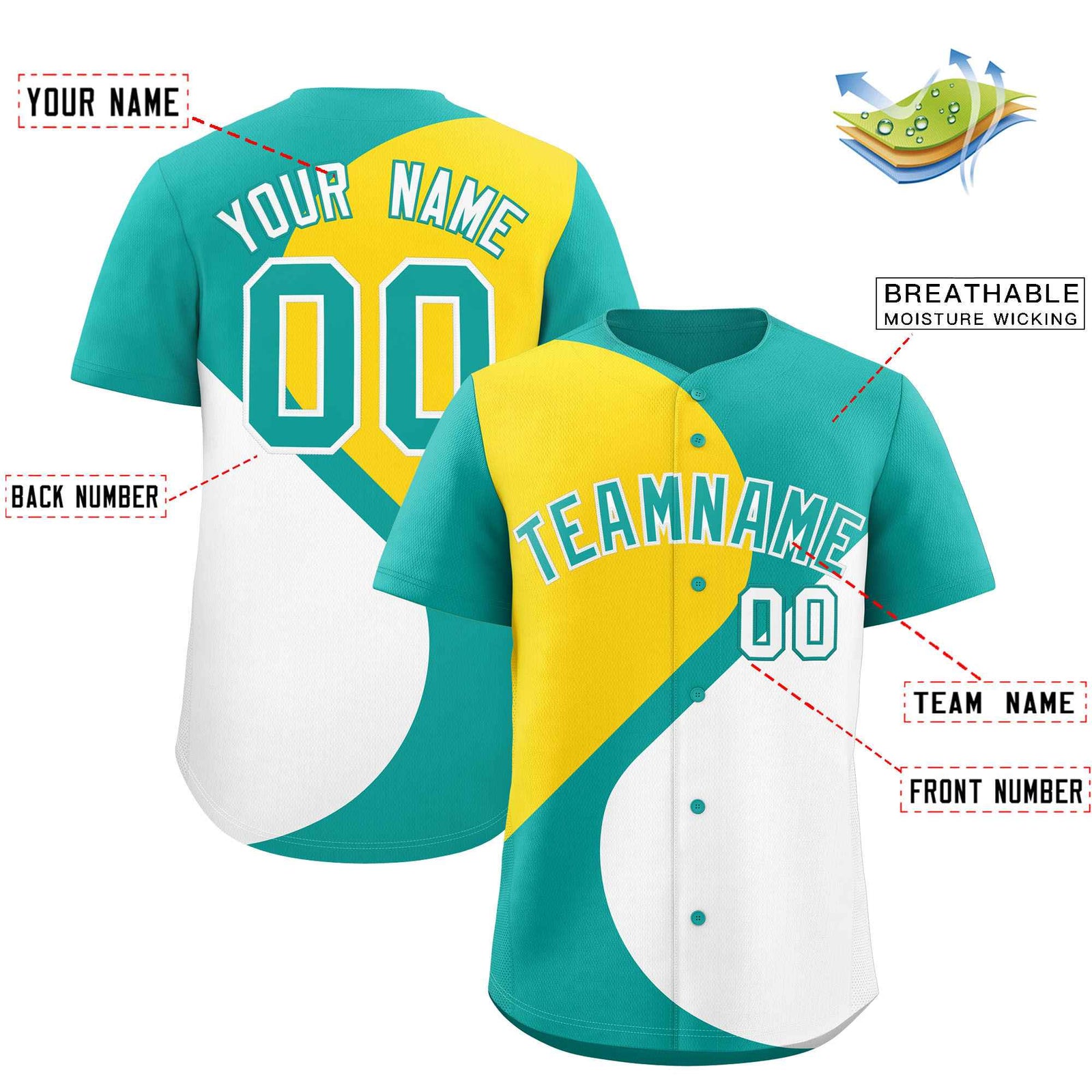 Custom Aqua Gold-White Color Block Personalized Half Heart Pattern Authentic Baseball Jersey