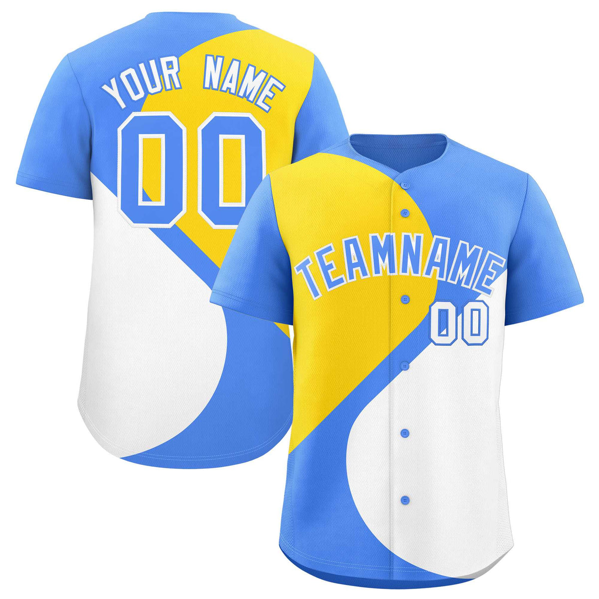 Custom Powder Blue Gold-White Color Block Personalized Half Heart Pattern Authentic Baseball Jersey