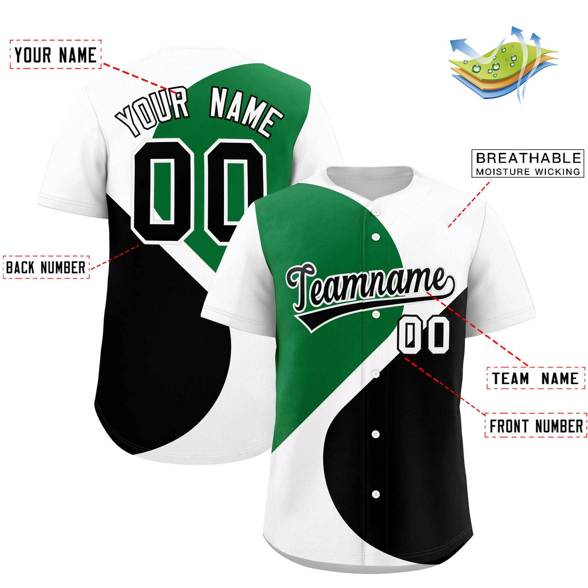 Custom White Kelly Green-Black Color Block Personalized Half Heart Pattern Authentic Baseball Jersey