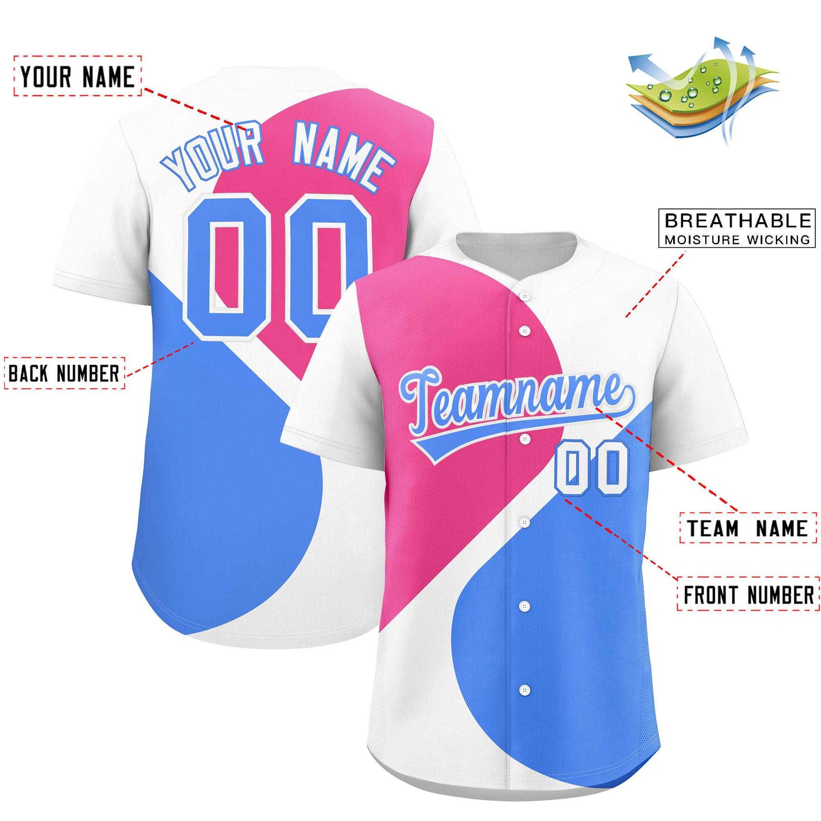 Custom White Pink-Powder Blue Color Block Personalized Half Heart Pattern Authentic Baseball Jersey