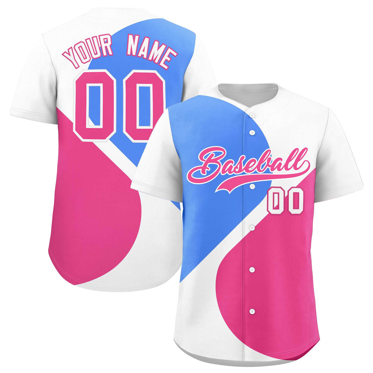 Custom White Powder Blue-Pink Color Block Personalized Half Heart Pattern Authentic Baseball Jersey