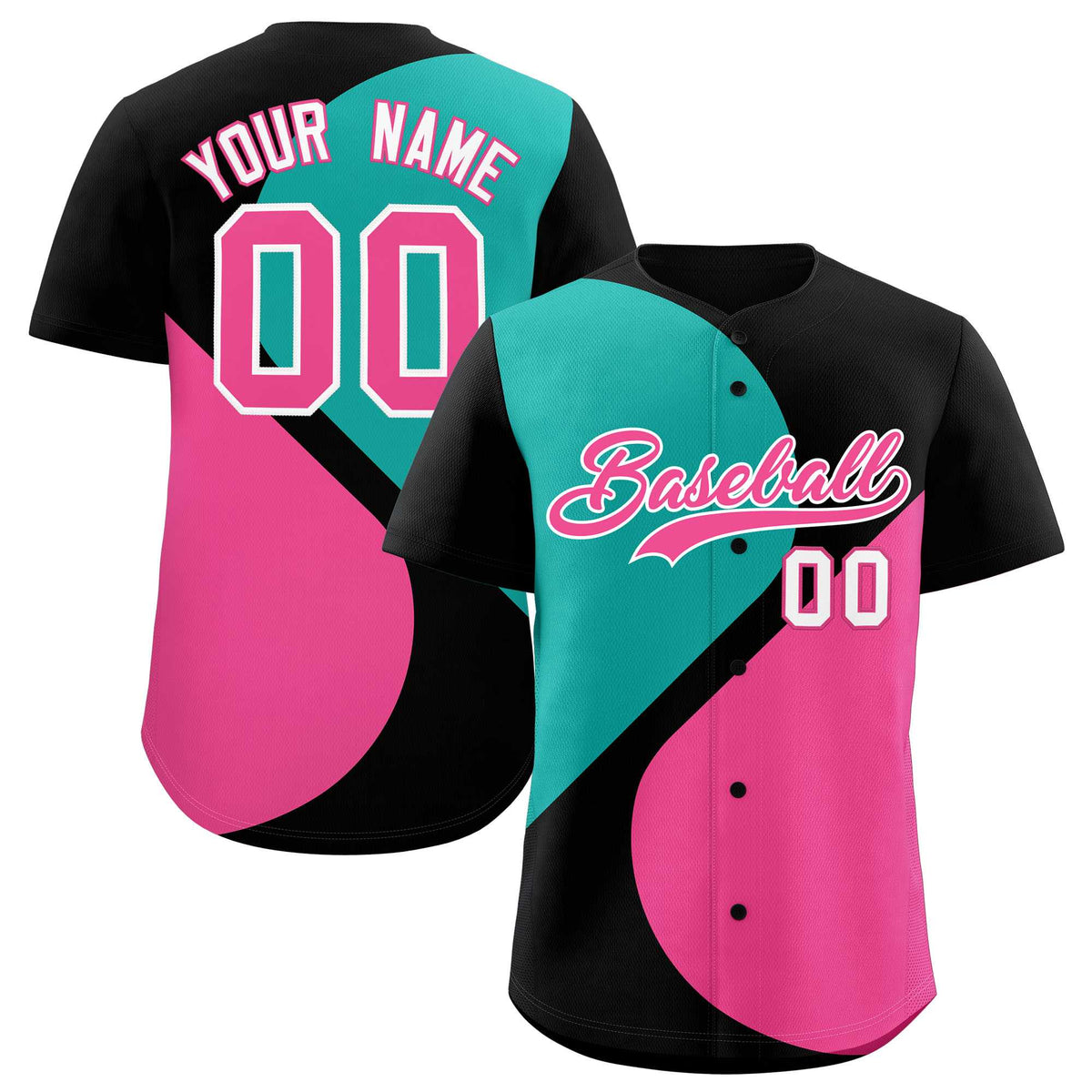 Custom Black Aqua-Pink Color Block Personalized Half Heart Pattern Authentic Baseball Jersey