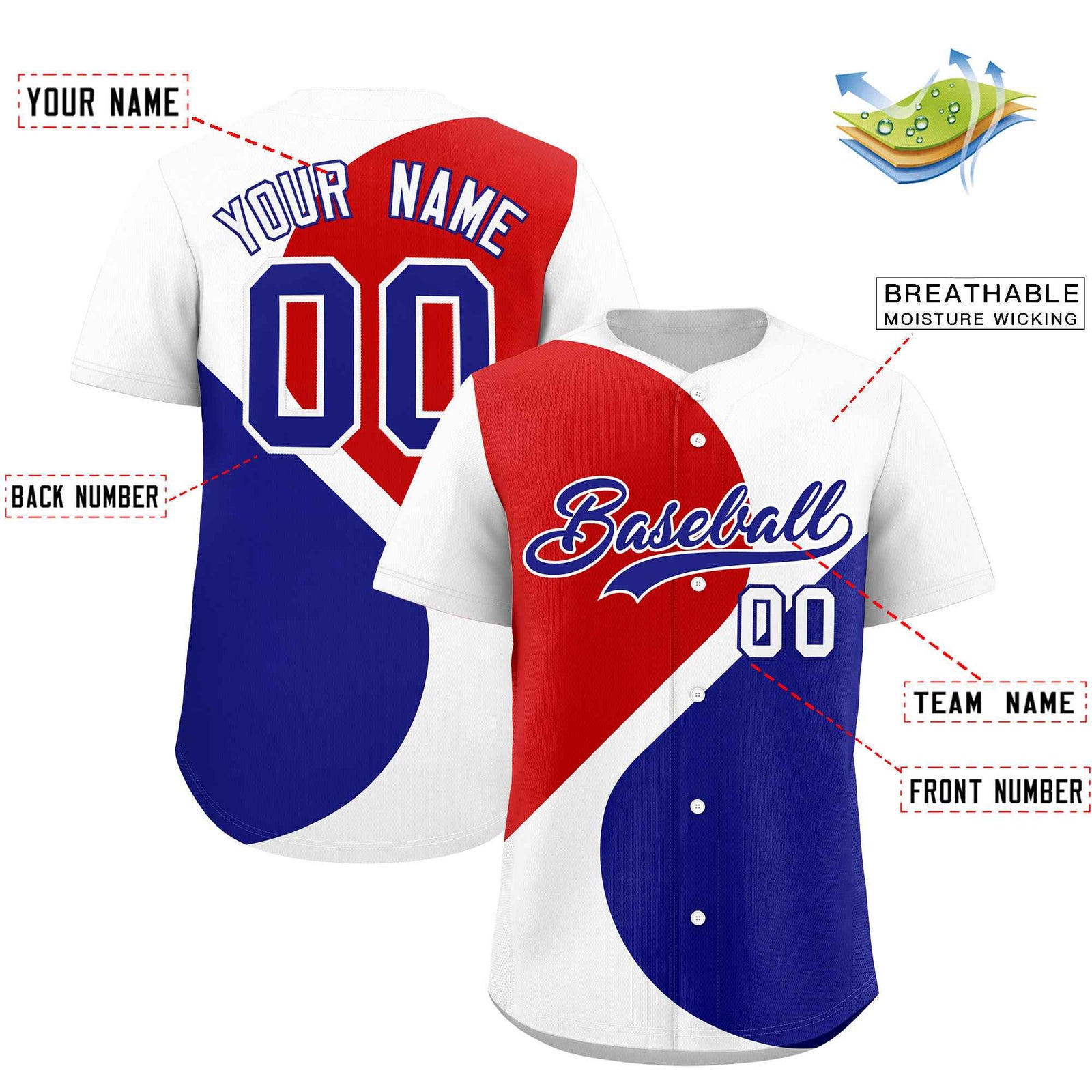 Custom White Red-Royal Color Block Personalized Half Heart Pattern Authentic Baseball Jersey