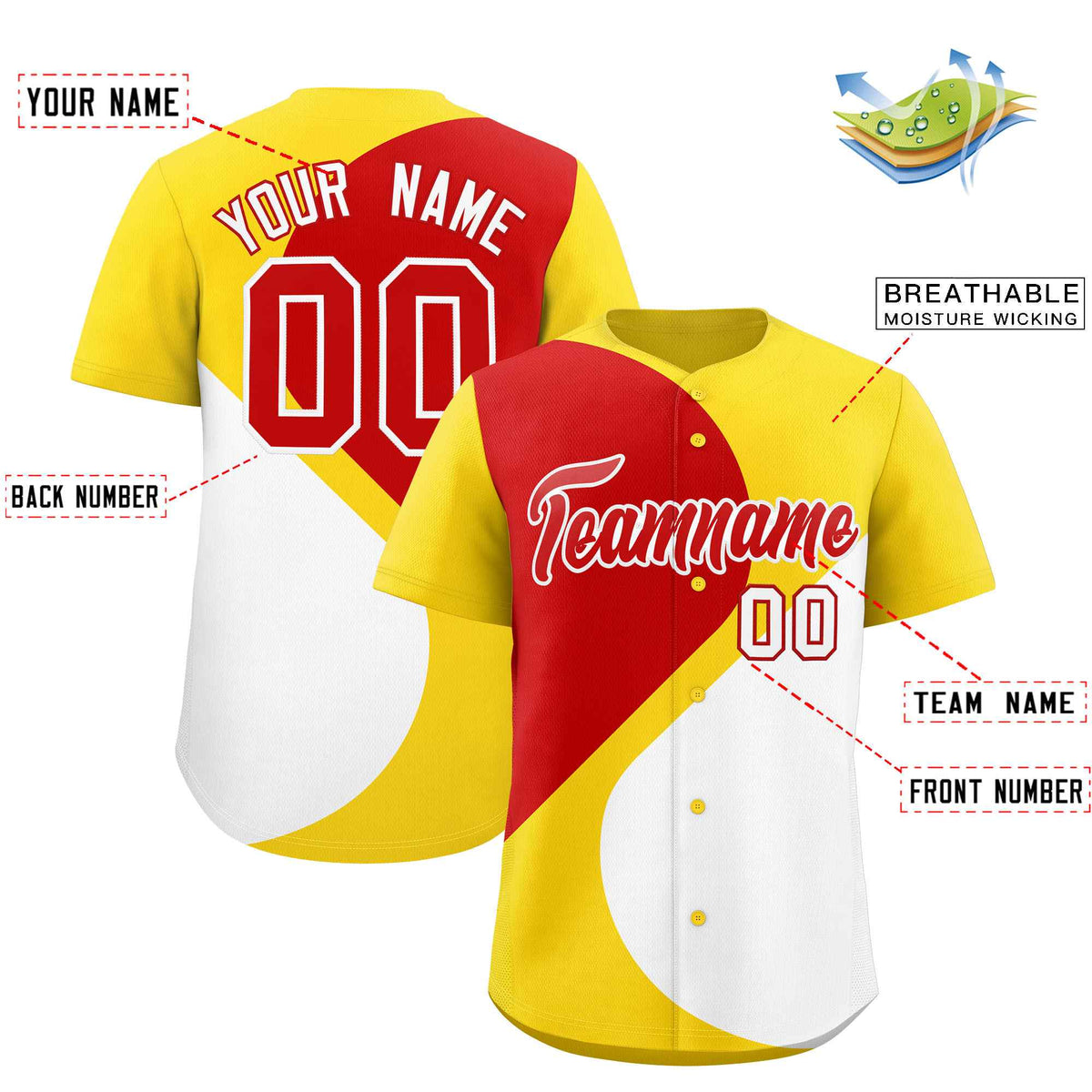 Custom Gold Red-White Color Block Personalized Half Heart Pattern Authentic Baseball Jersey