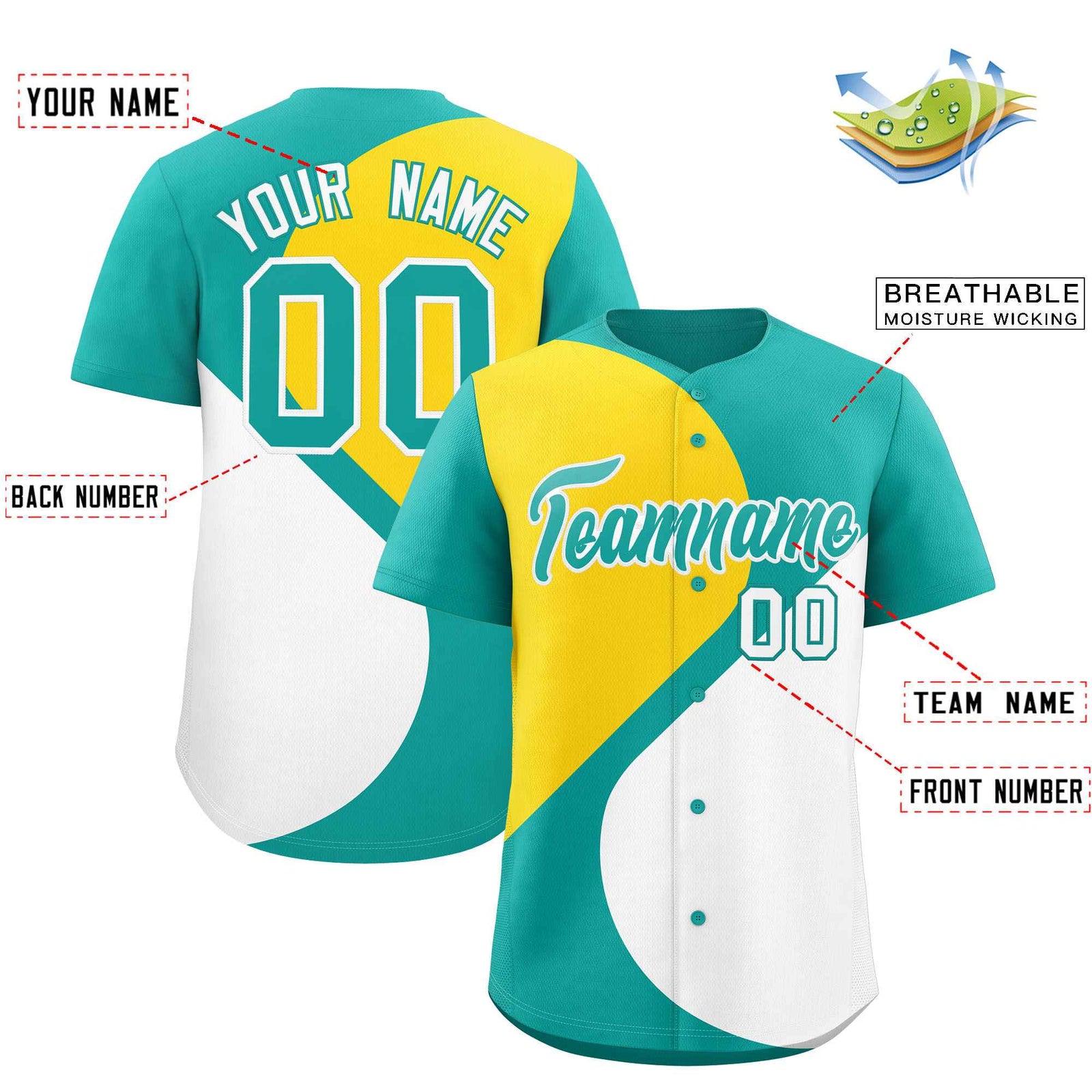Custom Aqua Gold-White Color Block Personalized Half Heart Pattern Authentic Baseball Jersey