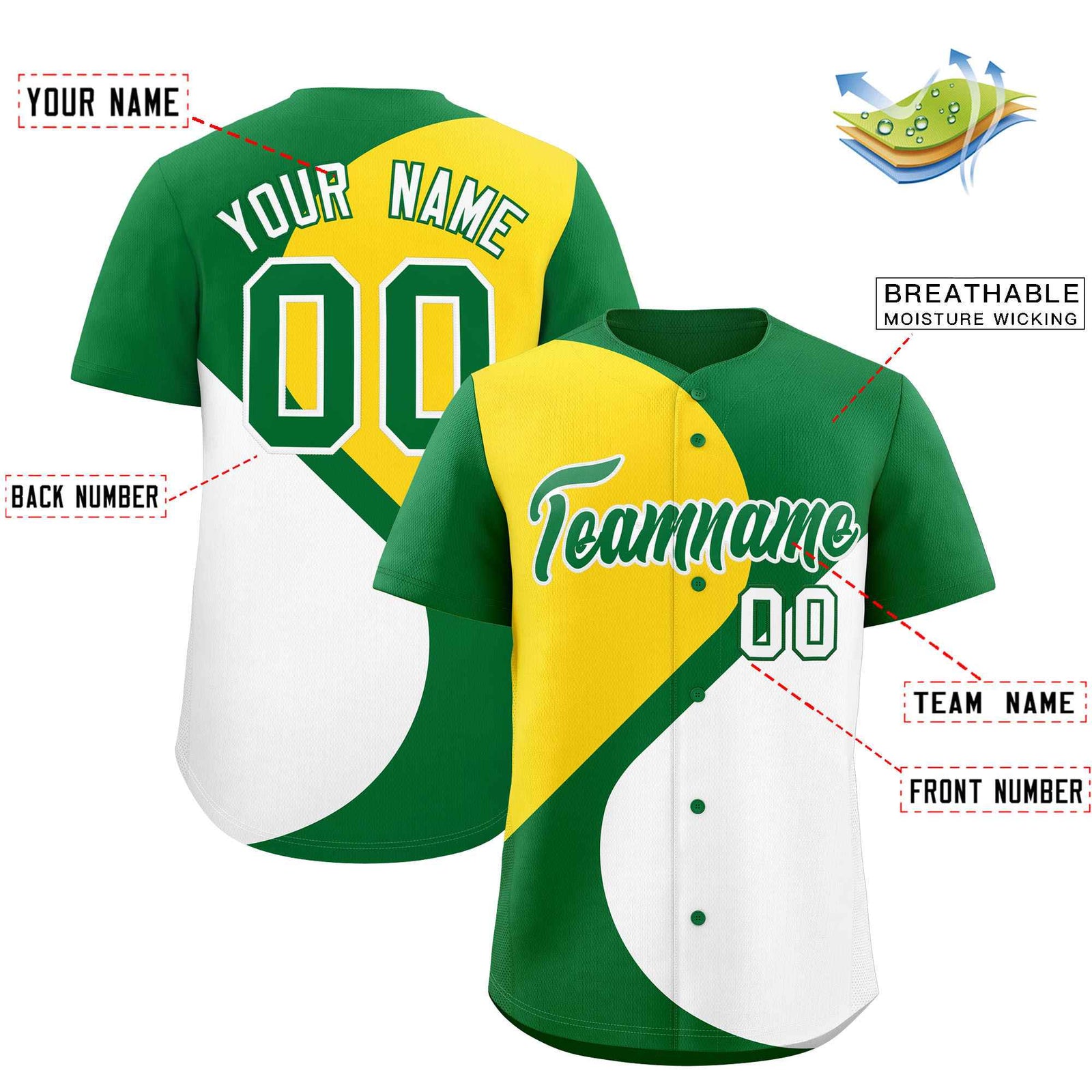 Custom Kelly Green Gold-White Color Block Personalized Half Heart Pattern Authentic Baseball Jersey