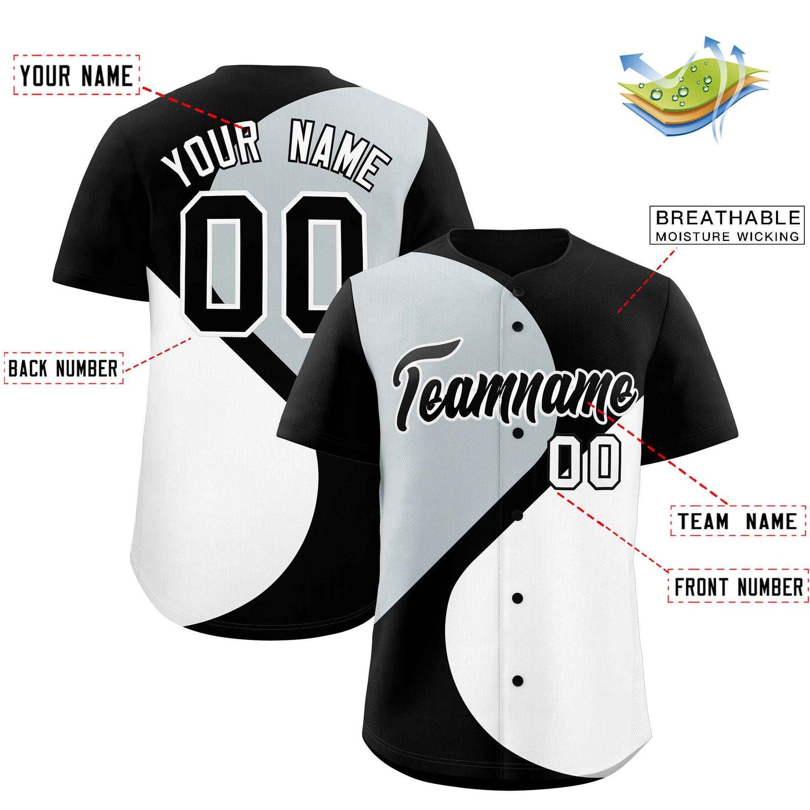 Custom Black Silver-White Color Block Personalized Half Heart Pattern Authentic Baseball Jersey
