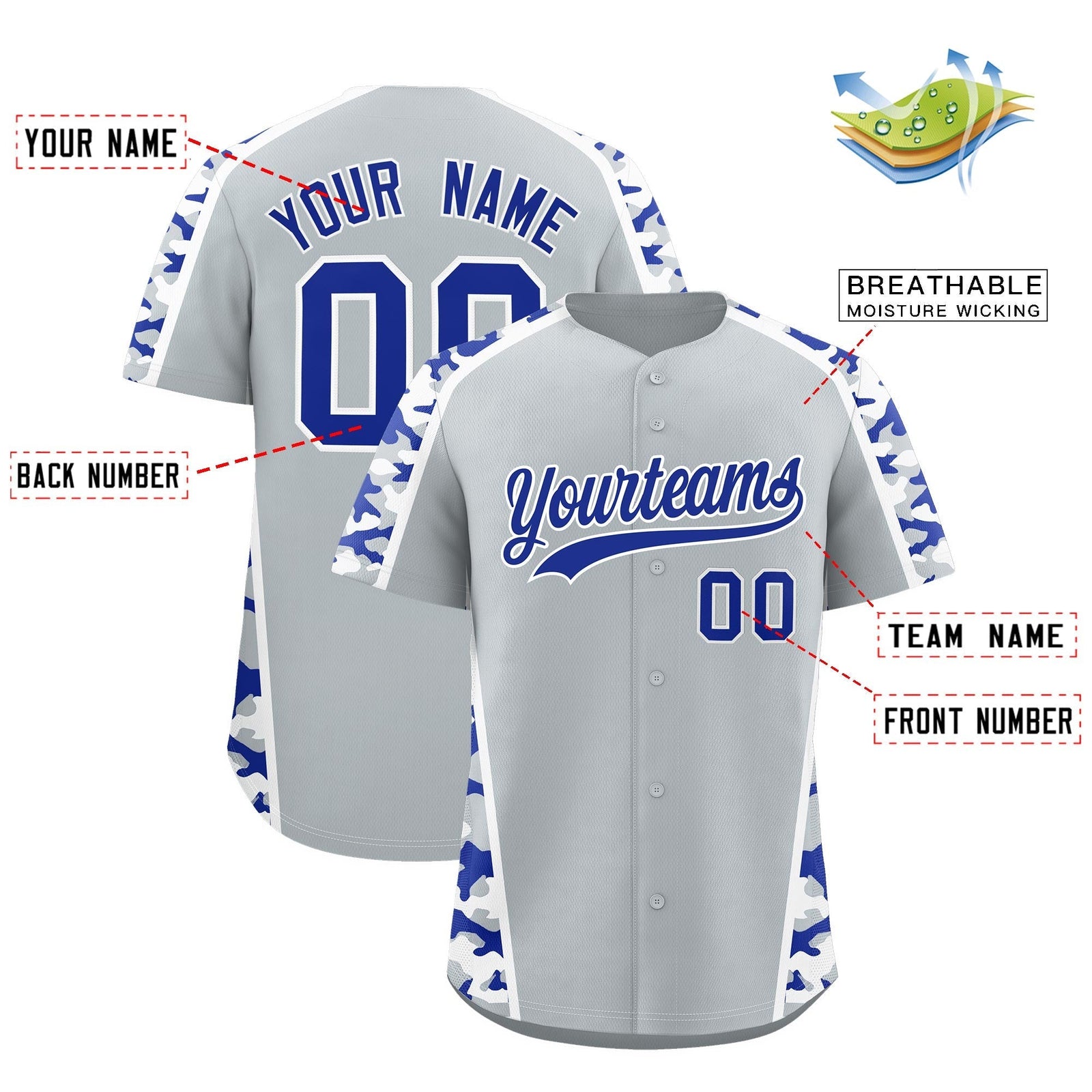 Custom Silver Royal Blue Side Camo Style Personalization Baseball Jersey| KXKSHOP