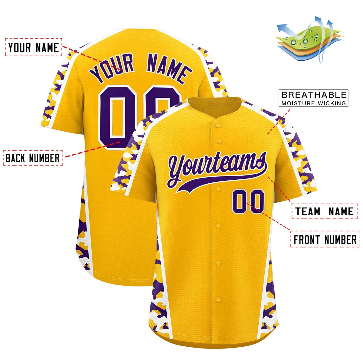 Custom Yellow Purple Side Camo Style Personalization Baseball Jersey| KXKSHOP