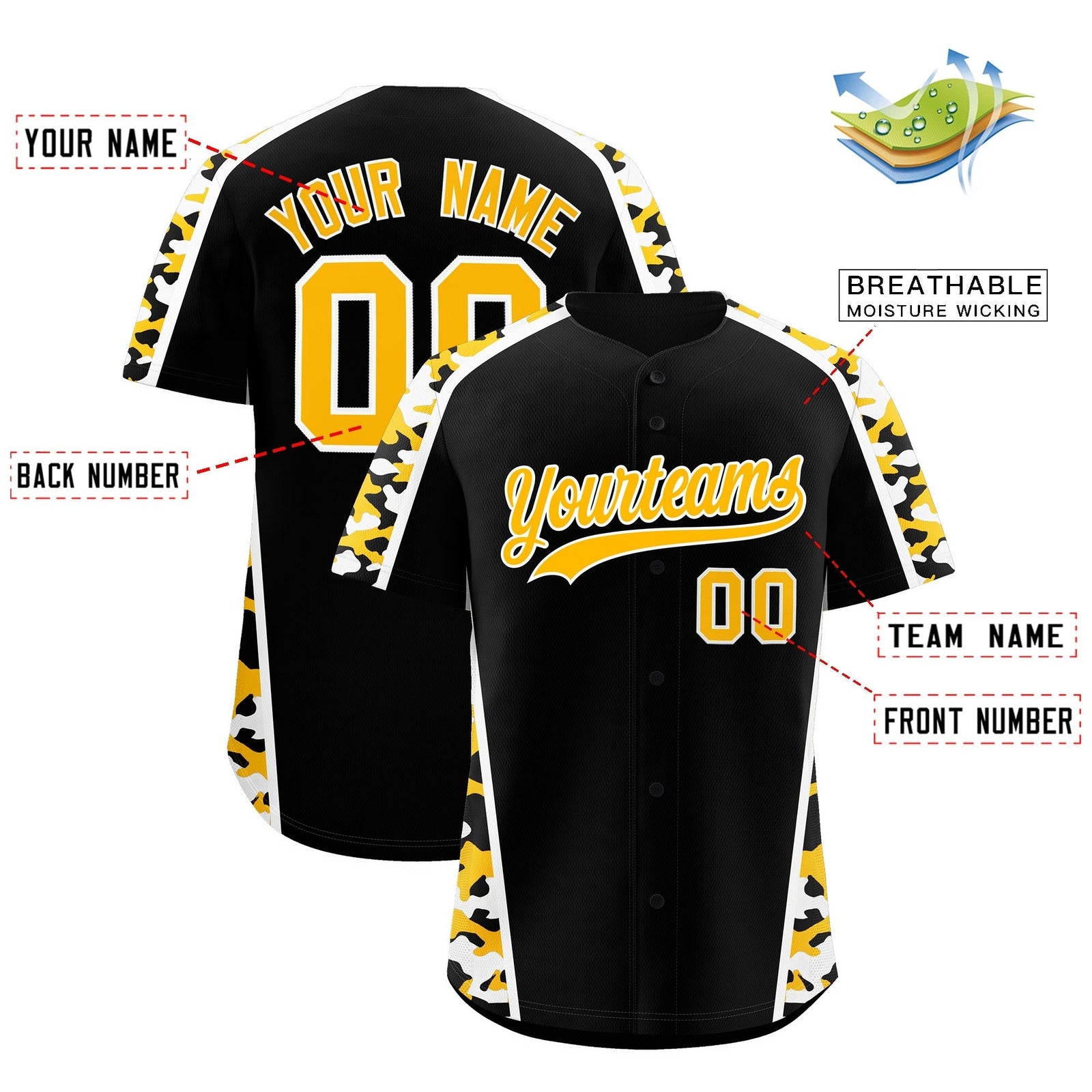 Custom Black Yellow Side Camo Style Personalization Baseball Jersey| KXKSHOP