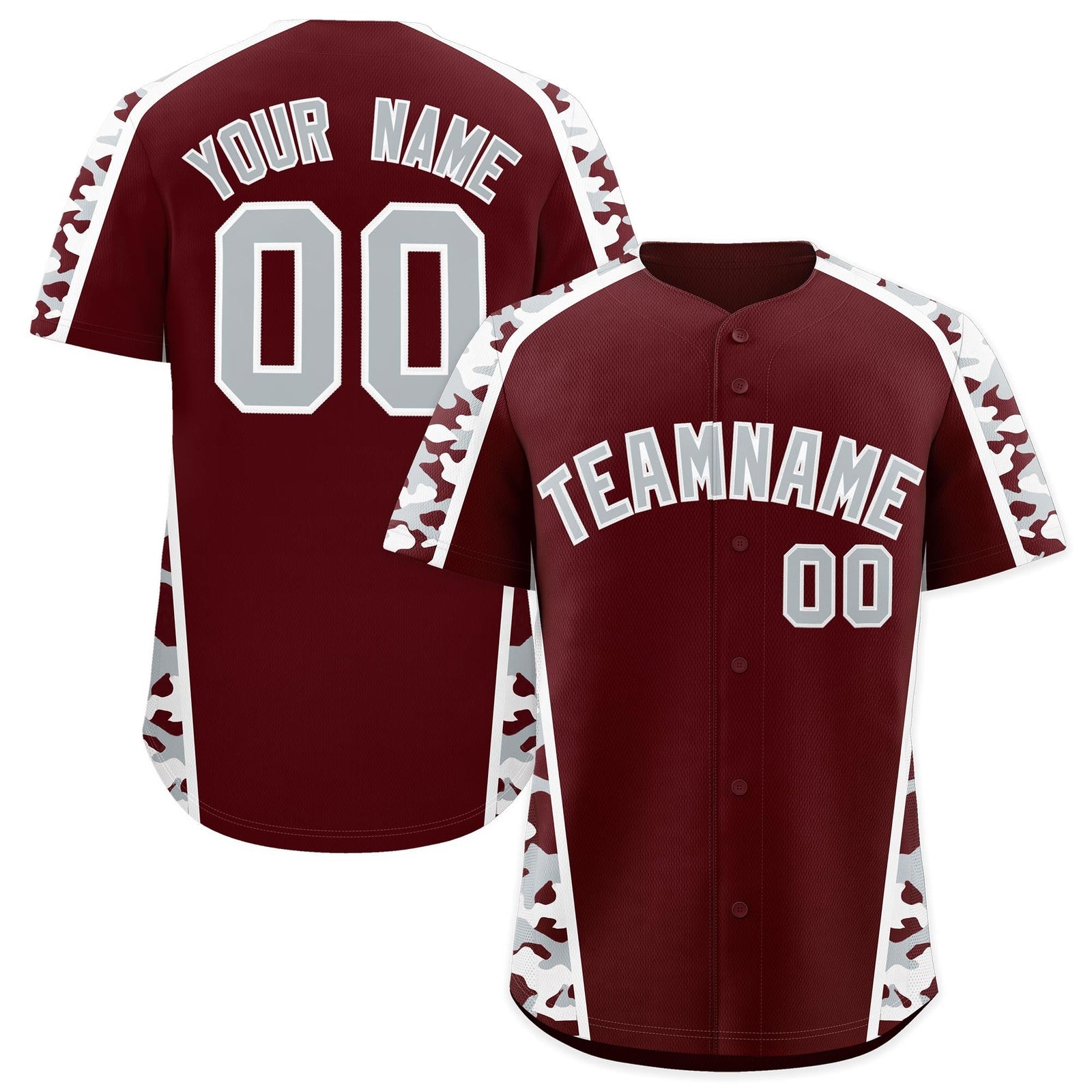 Custom Burgundy Silver Side Camo Style Personalization Baseball Jersey| KXKSHOP
